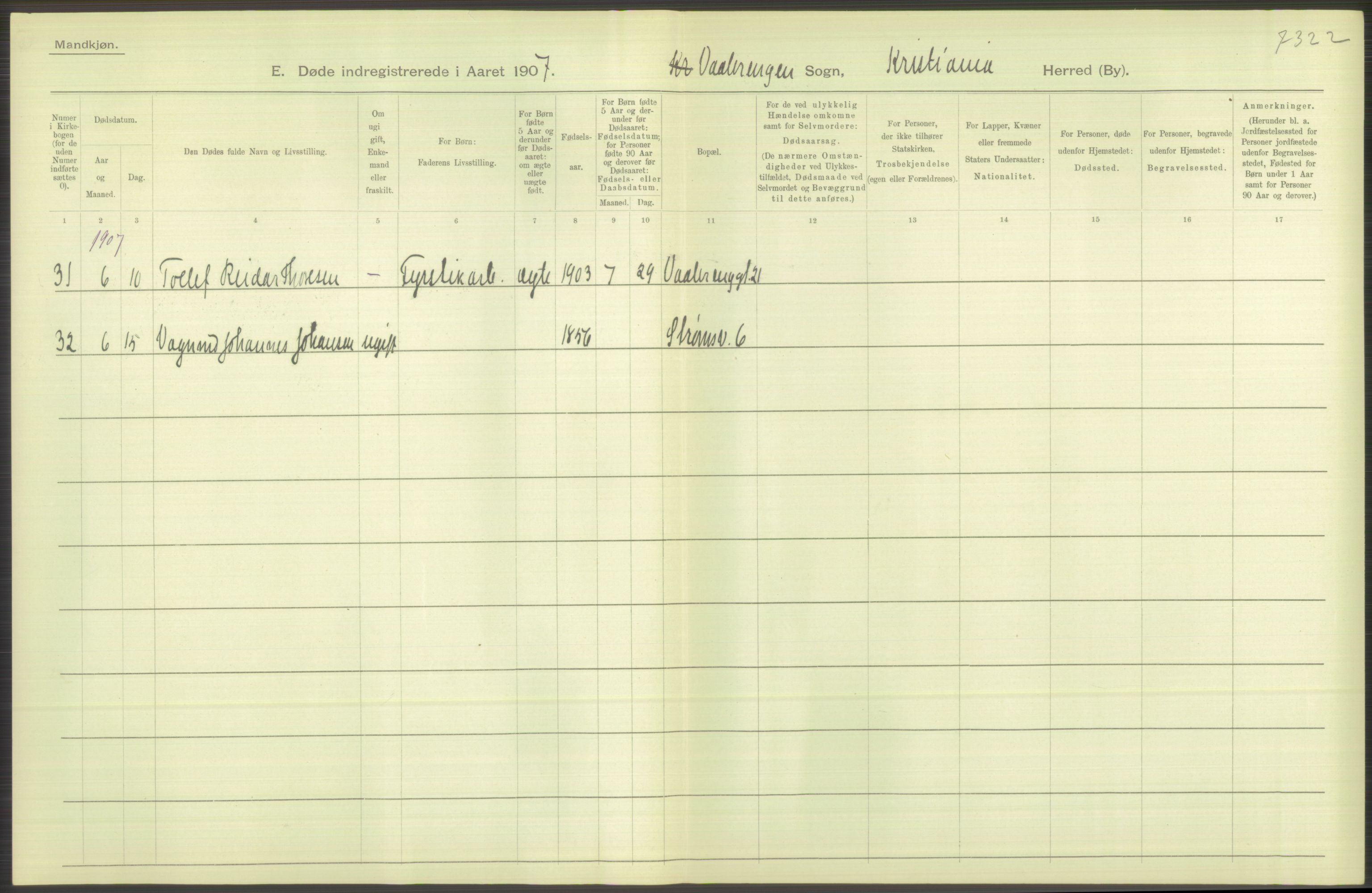 Statistisk sentralbyrå, Sosiodemografiske emner, Befolkning, RA/S-2228/D/Df/Dfa/Dfae/L0009: Kristiania: Døde, 1907, p. 98