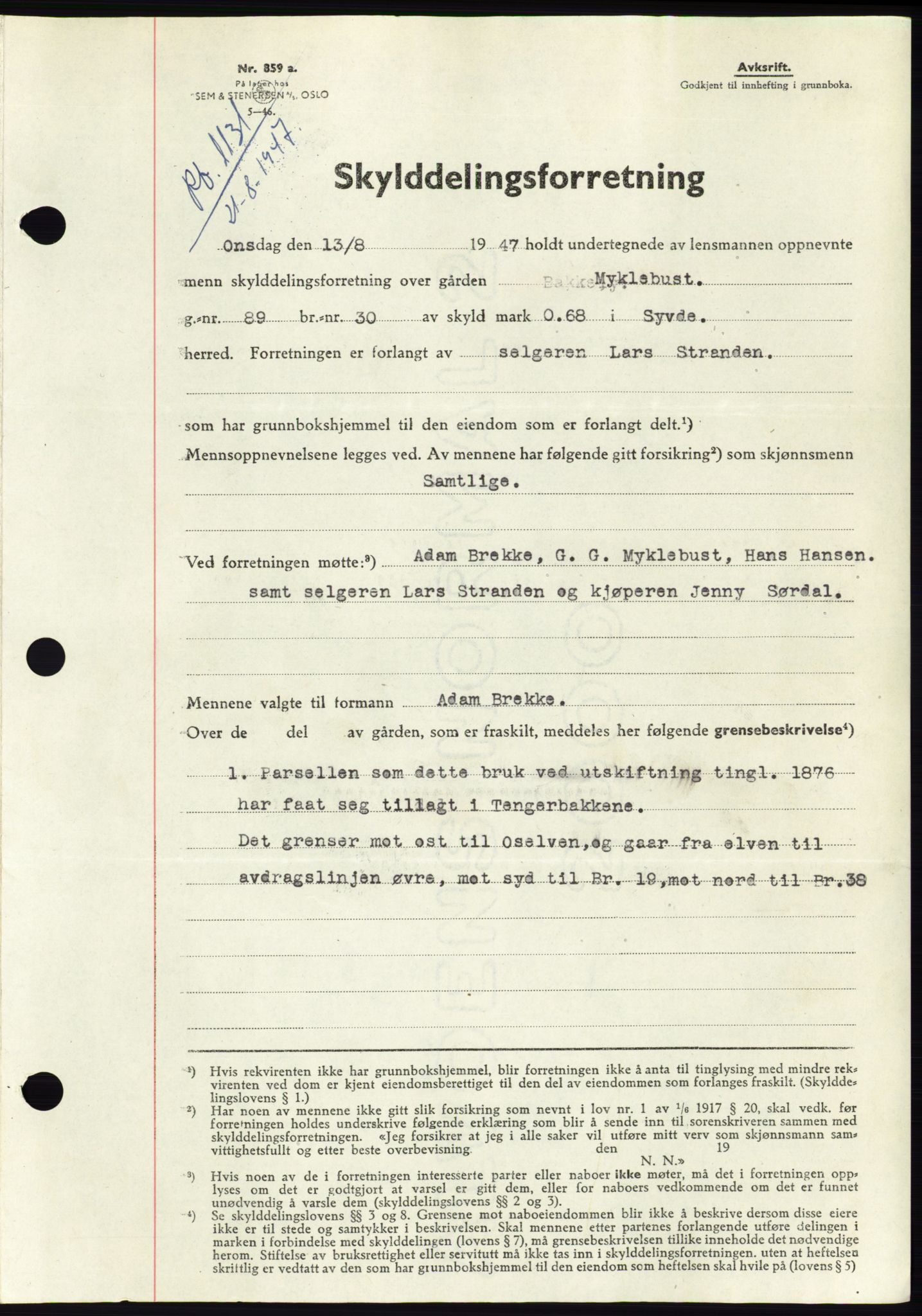Søre Sunnmøre sorenskriveri, SAT/A-4122/1/2/2C/L0081: Mortgage book no. 7A, 1947-1948, Diary no: : 1131/1947