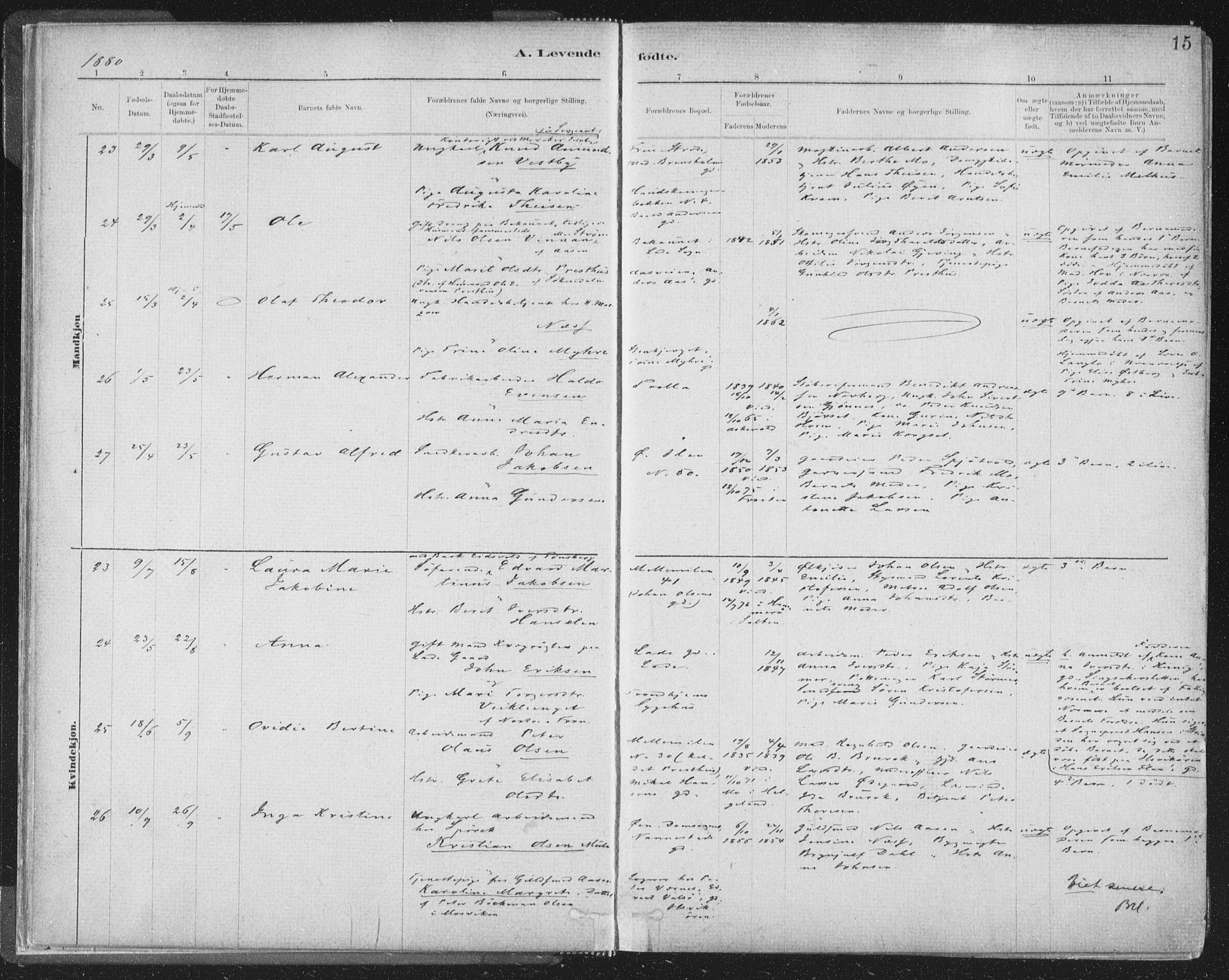 Ministerialprotokoller, klokkerbøker og fødselsregistre - Sør-Trøndelag, SAT/A-1456/603/L0162: Parish register (official) no. 603A01, 1879-1895, p. 15