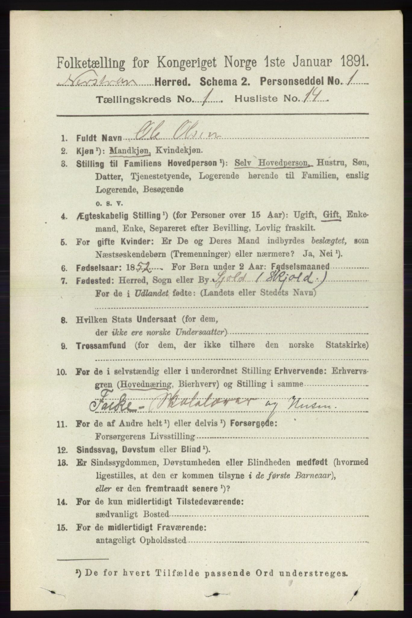 RA, 1891 census for 1139 Nedstrand, 1891, p. 155