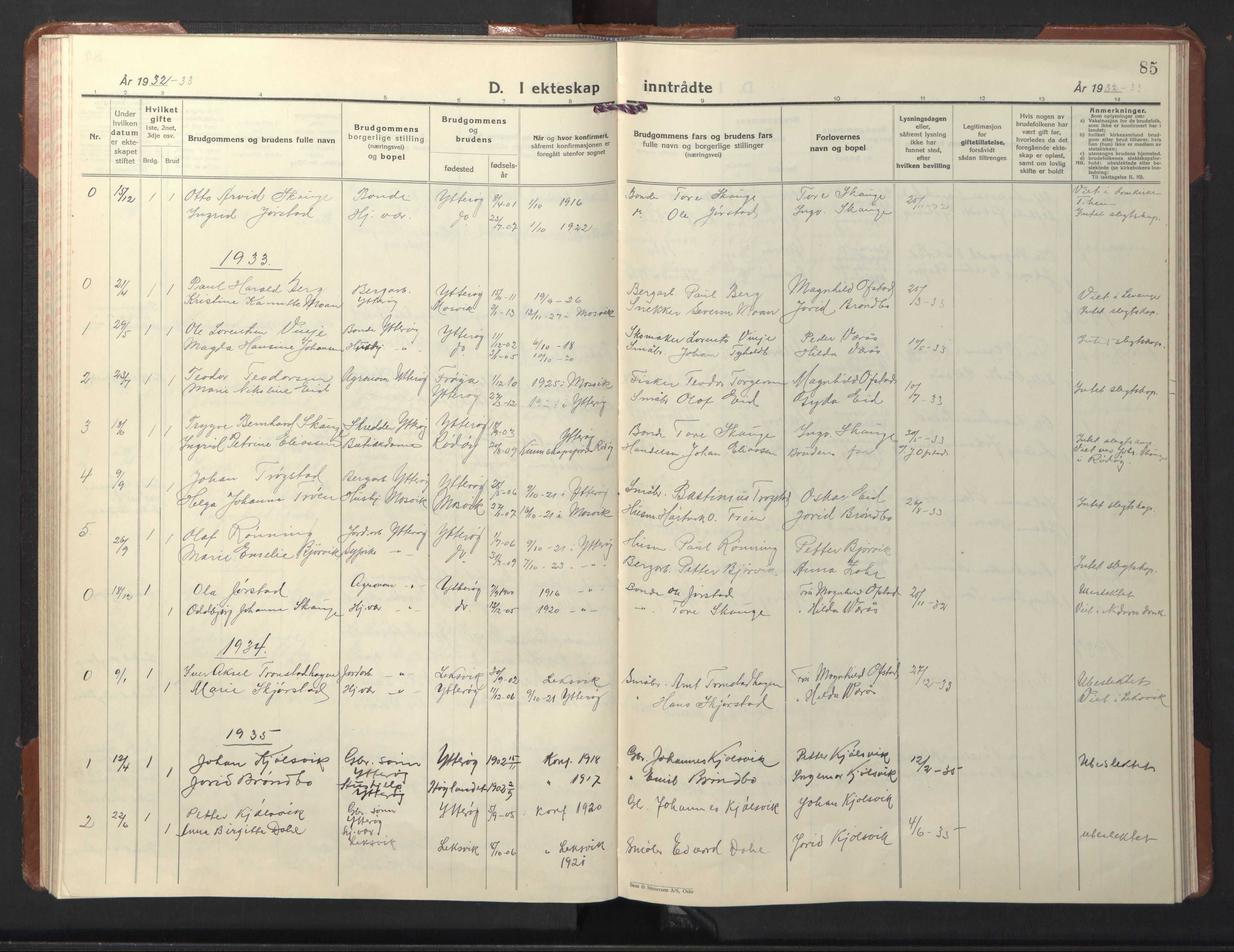 Ministerialprotokoller, klokkerbøker og fødselsregistre - Nord-Trøndelag, SAT/A-1458/722/L0227: Parish register (copy) no. 722C03, 1928-1958, p. 85