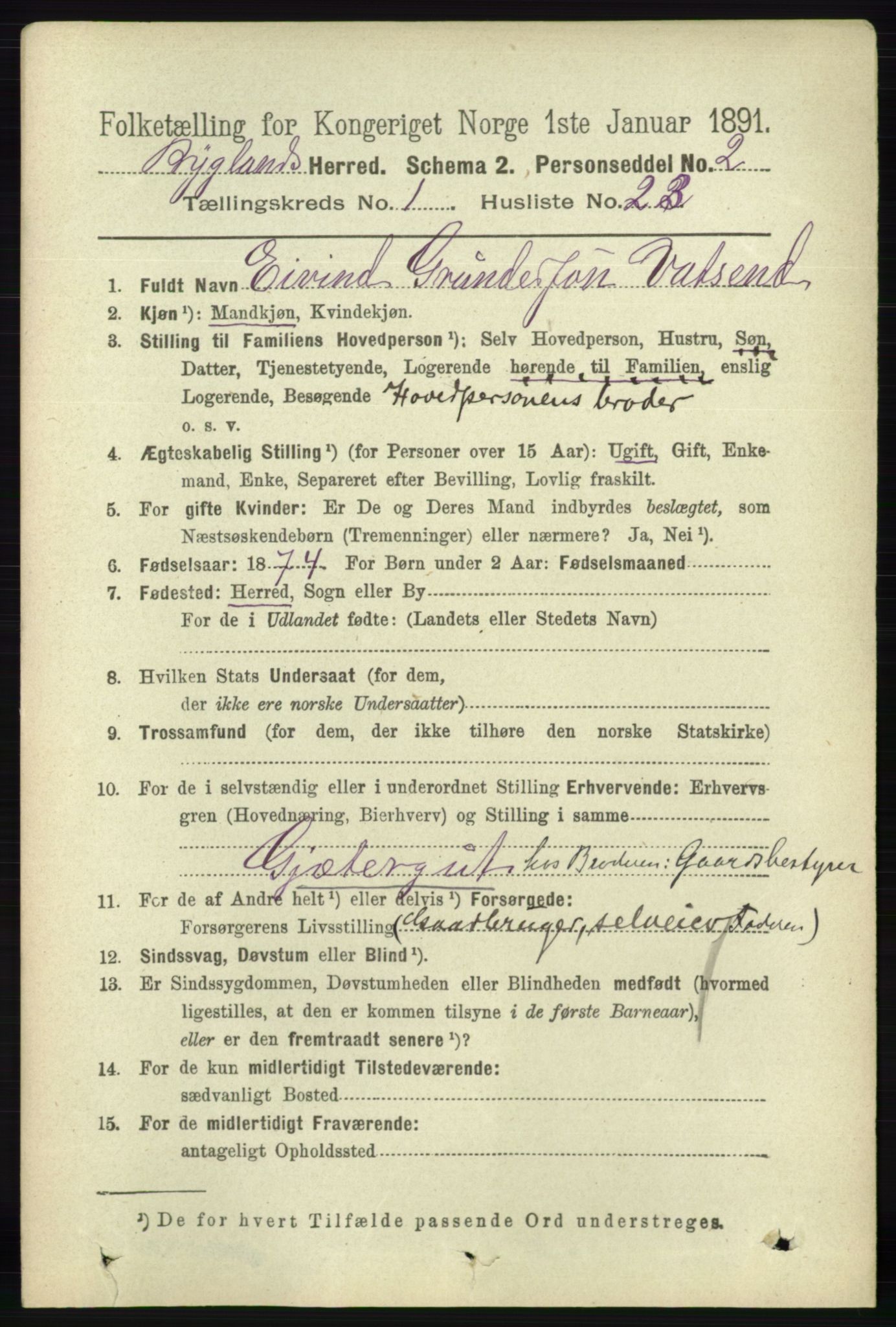 RA, 1891 census for 0938 Bygland, 1891, p. 211