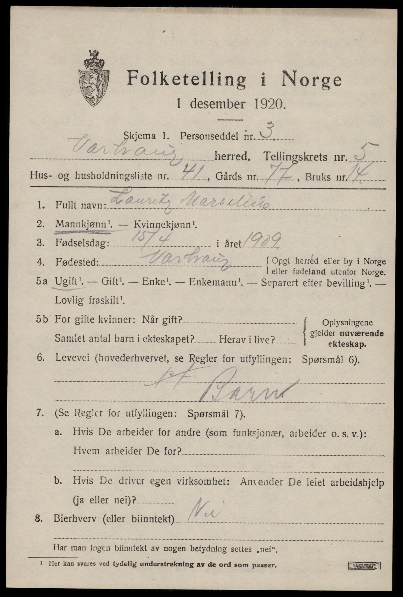 SAST, 1920 census for Varhaug, 1920, p. 4919