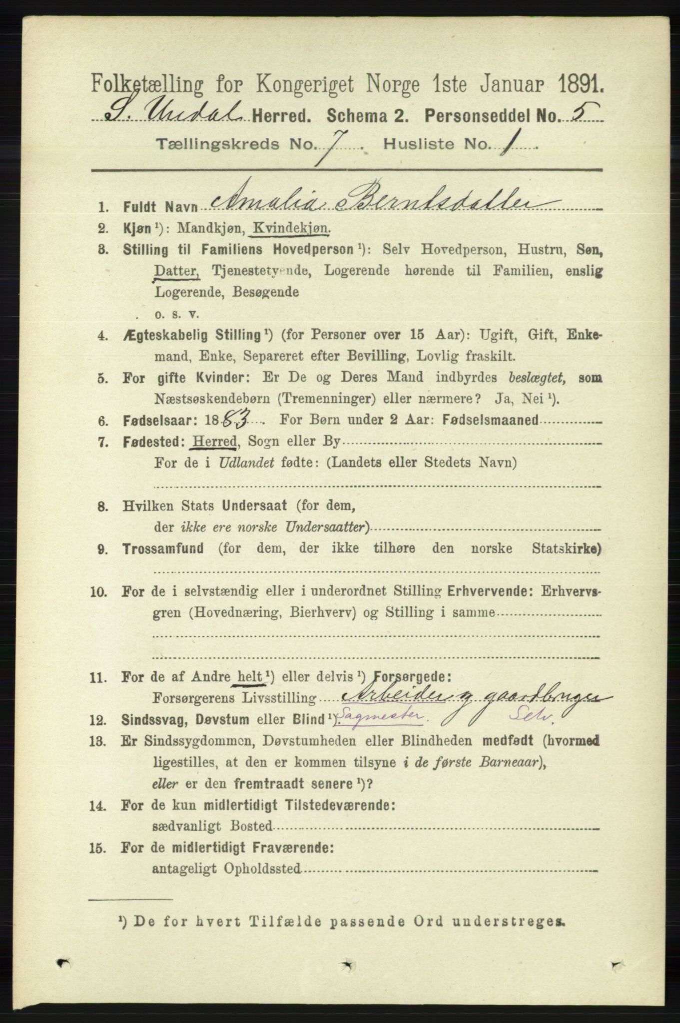 RA, 1891 census for 1029 Sør-Audnedal, 1891, p. 2626