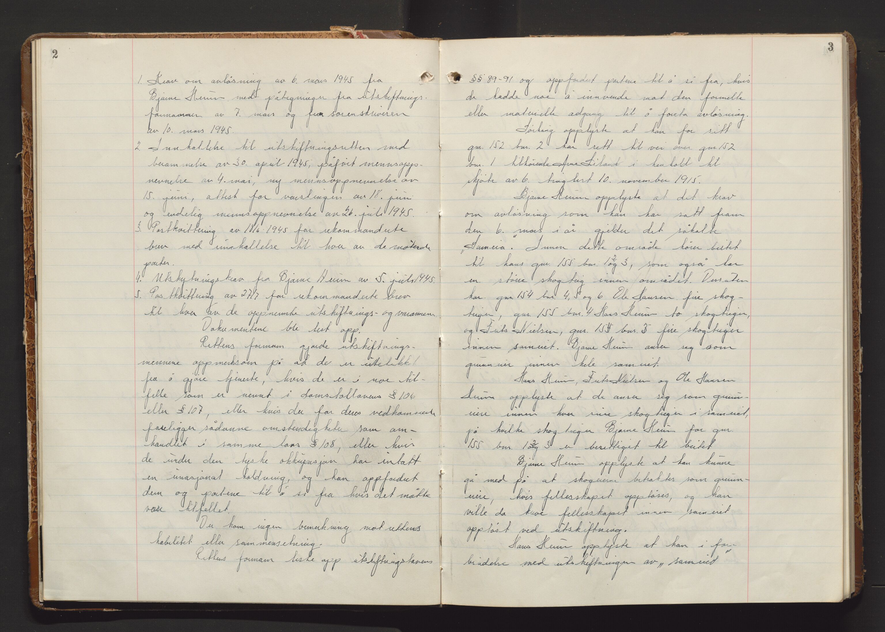Utskiftningsvesenet i Vestfold, AV/SAKO-A-797/F/Fa/L0032: Rettsbok (forhandlingsprotokoll), 1945-1949, p. 2-3
