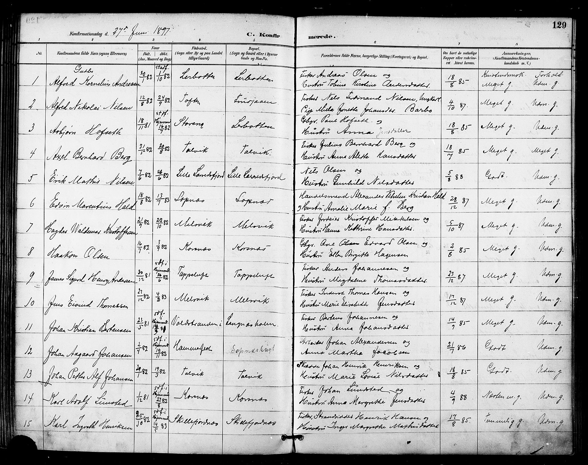 Talvik sokneprestkontor, SATØ/S-1337/H/Ha/L0013kirke: Parish register (official) no. 13, 1886-1897, p. 129