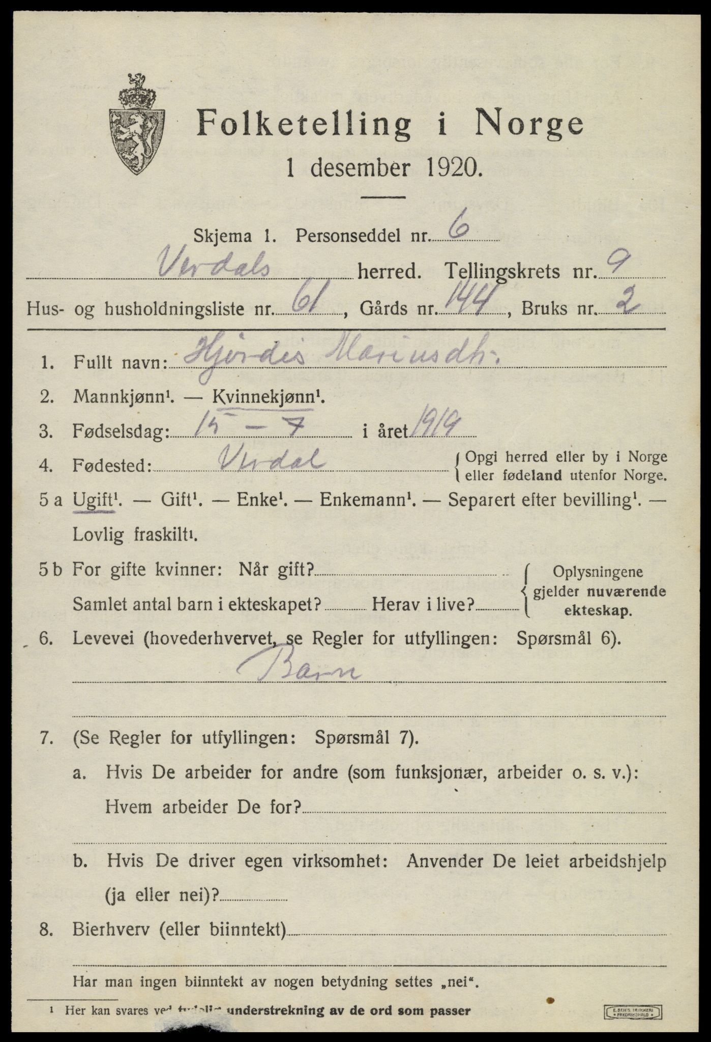 SAT, 1920 census for Verdal, 1920, p. 12143