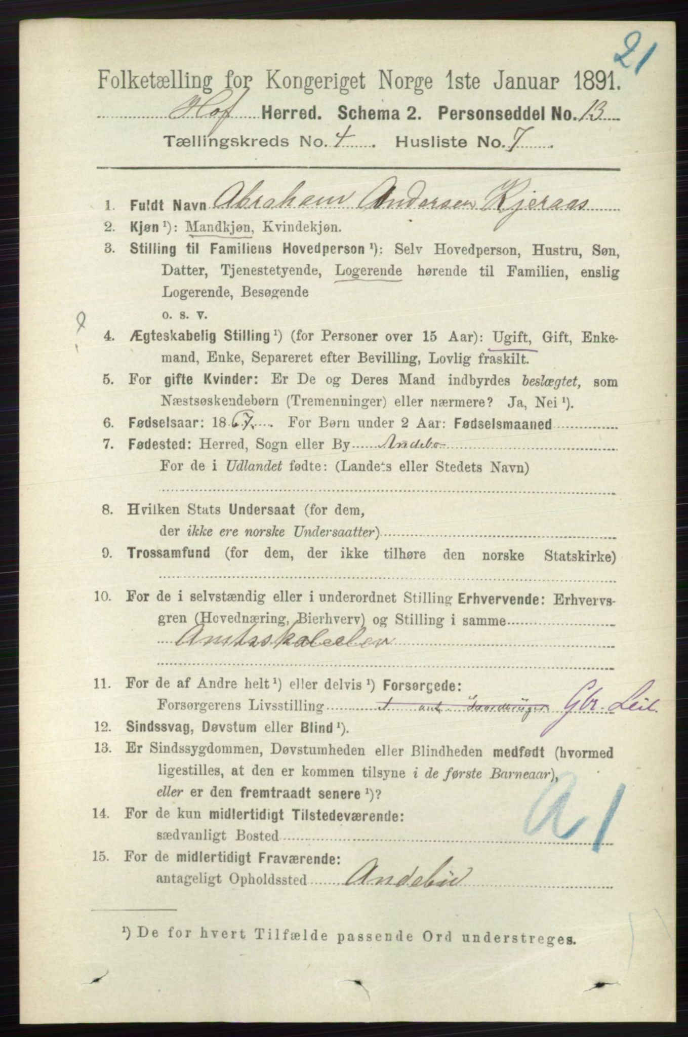 RA, 1891 census for 0714 Hof, 1891, p. 1182