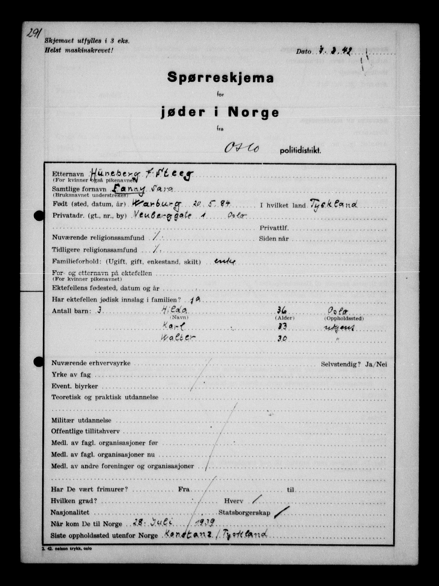 Statspolitiet - Hovedkontoret / Osloavdelingen, AV/RA-S-1329/G/Ga/L0010: Spørreskjema for jøder i Norge: Jøder bosatt i Oslo, Hansen - Pintzow, 1942, p. 87