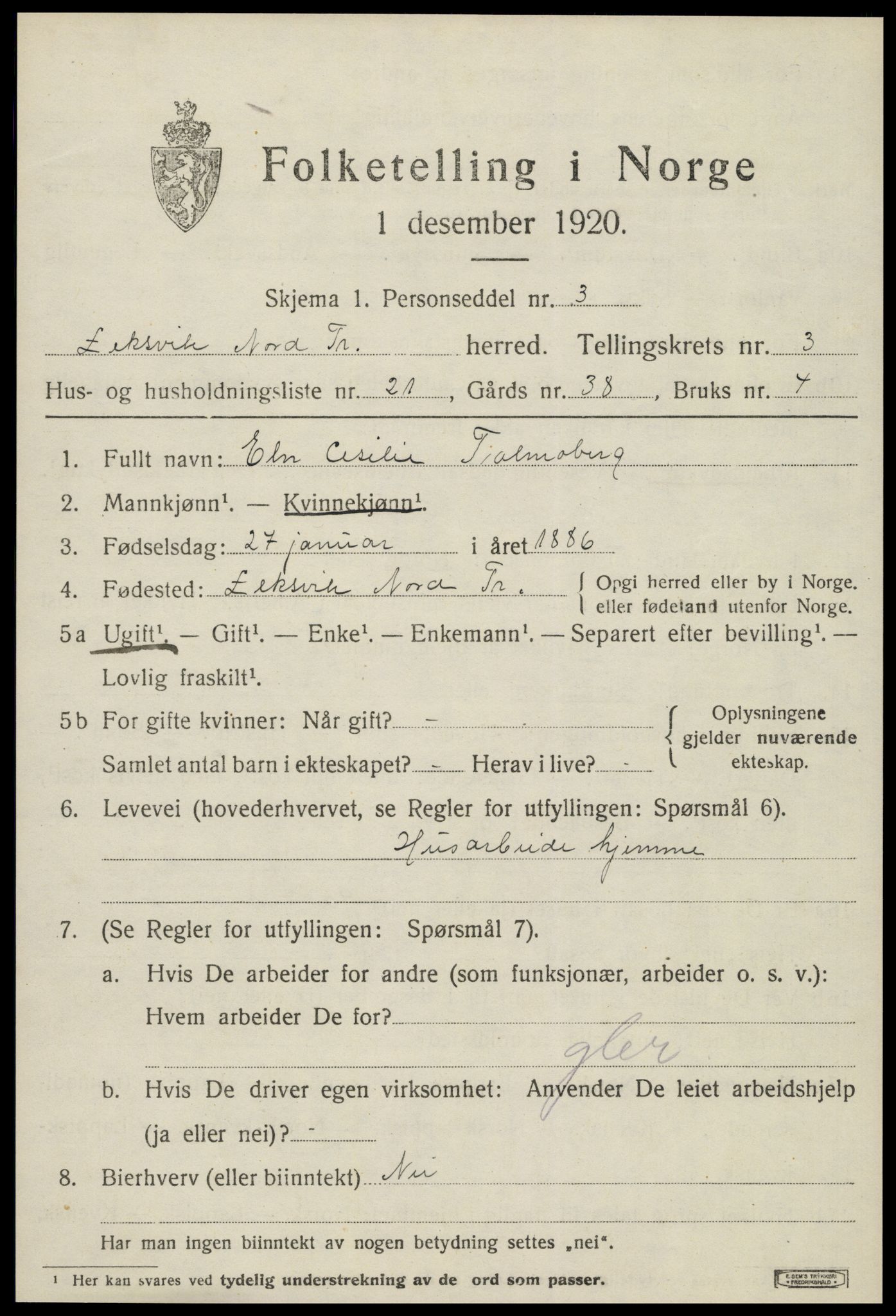 SAT, 1920 census for Leksvik, 1920, p. 3156