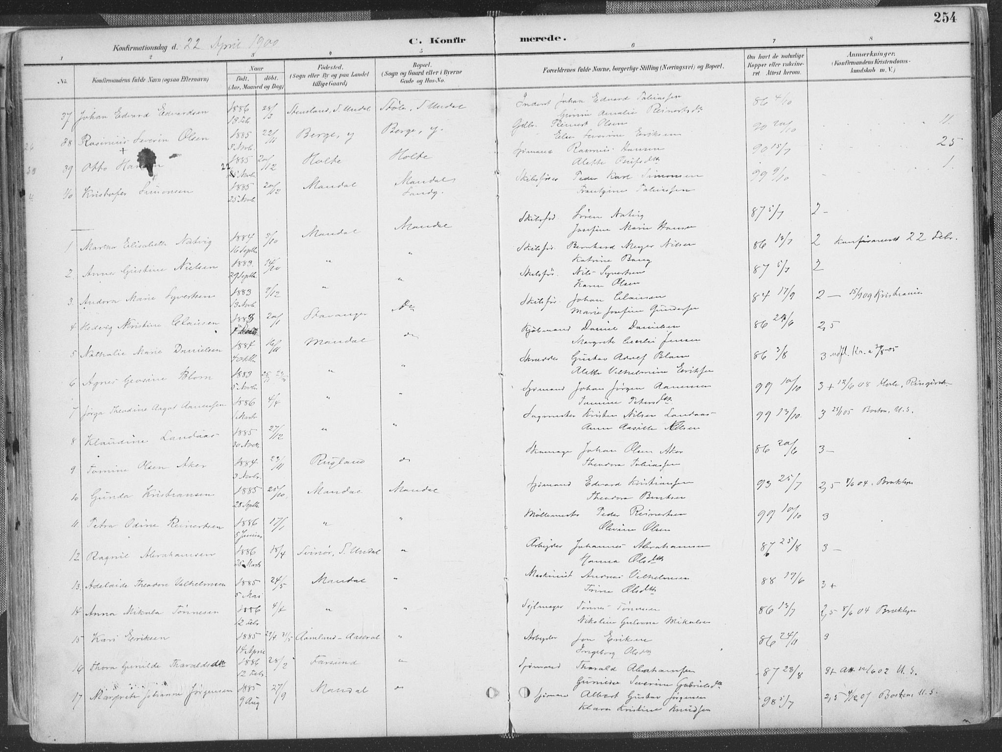 Mandal sokneprestkontor, AV/SAK-1111-0030/F/Fa/Faa/L0018: Parish register (official) no. A 18, 1890-1905, p. 254