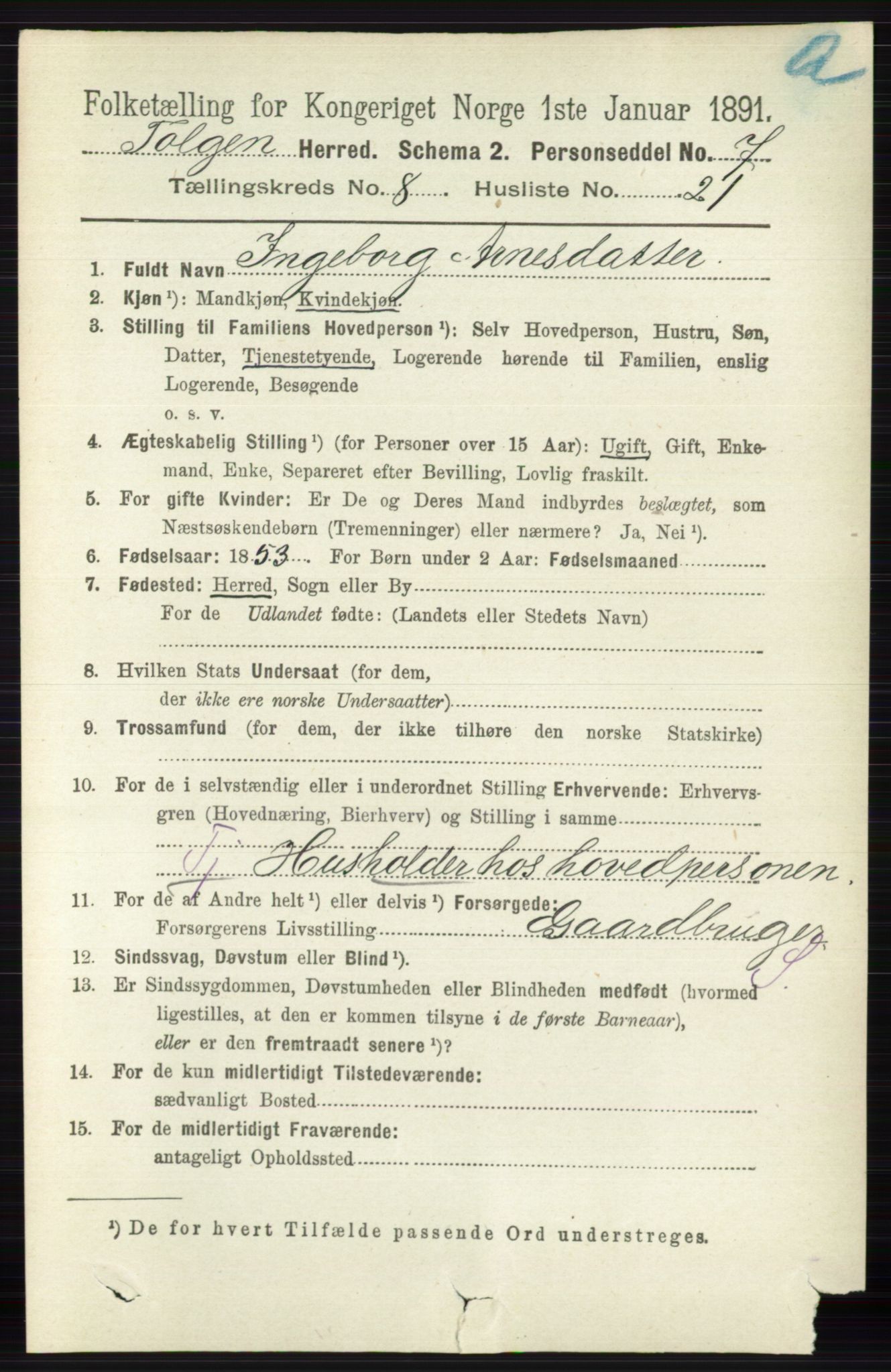 RA, 1891 census for 0436 Tolga, 1891, p. 2492