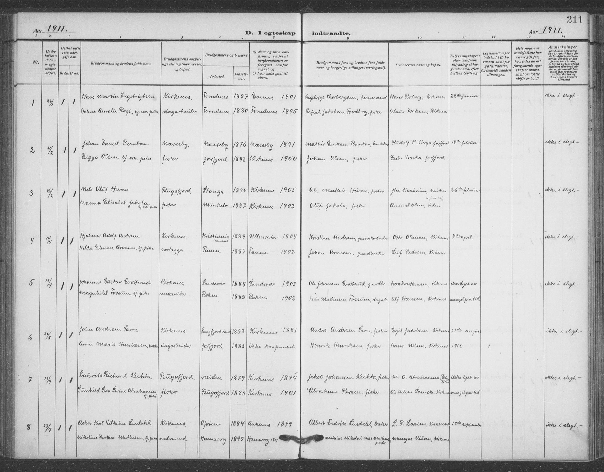 Sør-Varanger sokneprestkontor, AV/SATØ-S-1331/H/Ha/L0005kirke: Parish register (official) no. 5, 1909-1919, p. 211