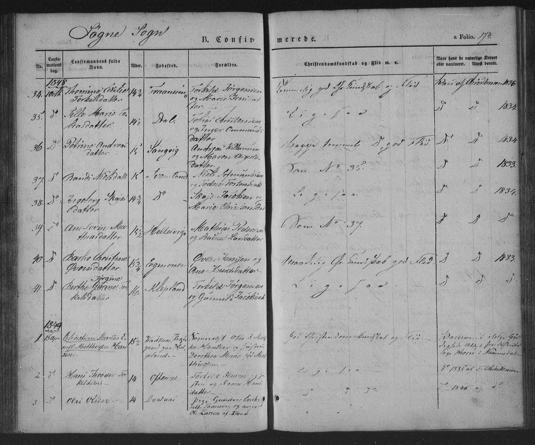 Søgne sokneprestkontor, AV/SAK-1111-0037/F/Fa/Fab/L0009: Parish register (official) no. A 9, 1838-1853, p. 174