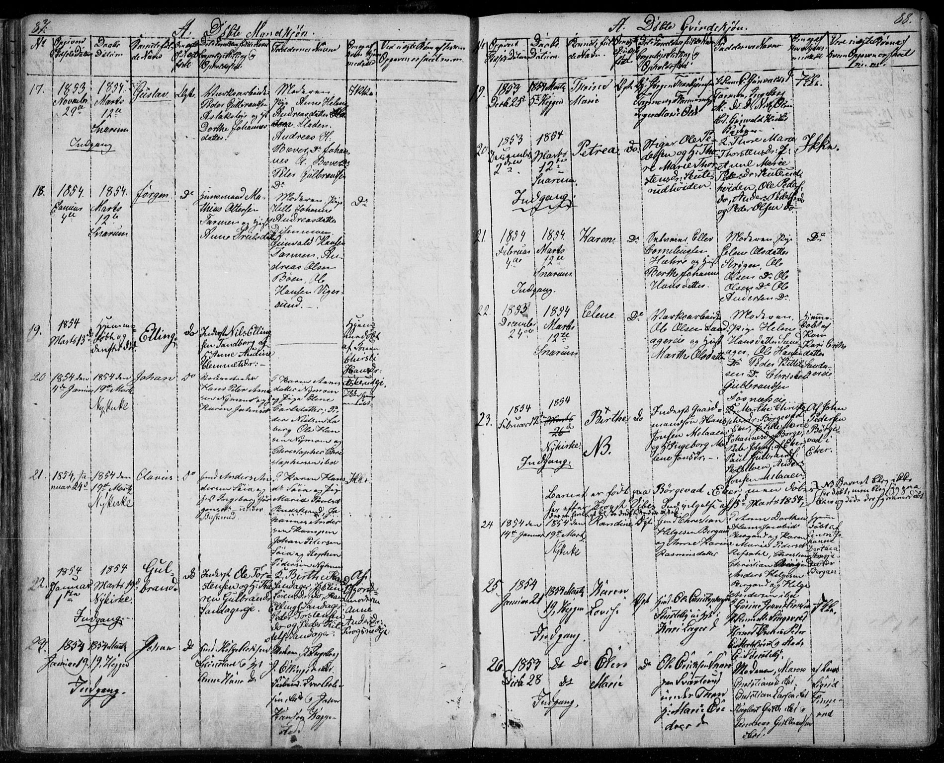 Modum kirkebøker, AV/SAKO-A-234/F/Fa/L0008: Parish register (official) no. 8, 1851-1859, p. 87-88