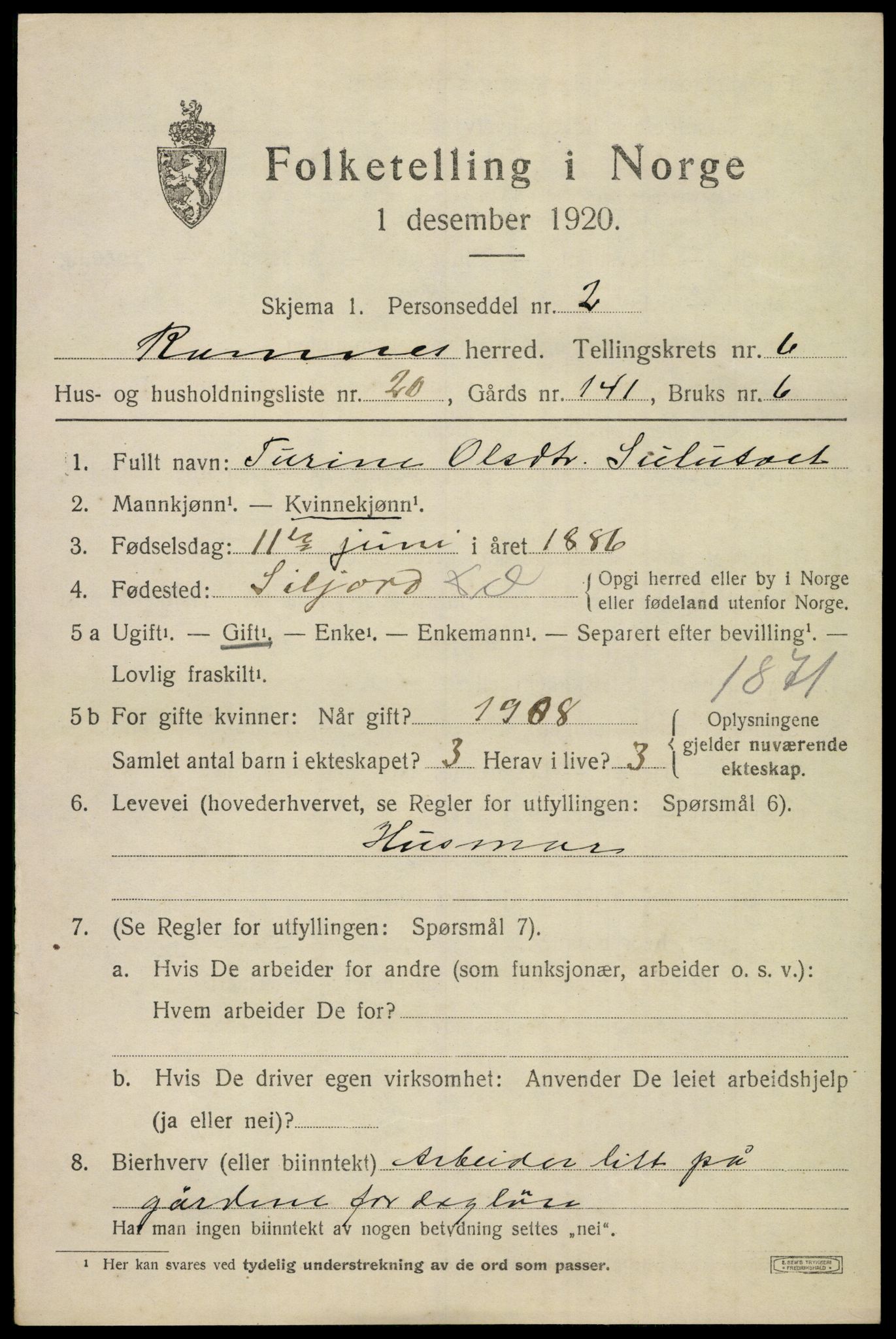 SAKO, 1920 census for Ramnes, 1920, p. 6388