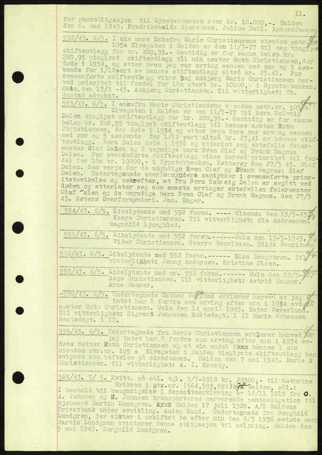 Idd og Marker sorenskriveri, AV/SAO-A-10283/G/Gb/Gbc/L0002: Mortgage book no. B4-9a, 1939-1945, Diary no: : 552/1943