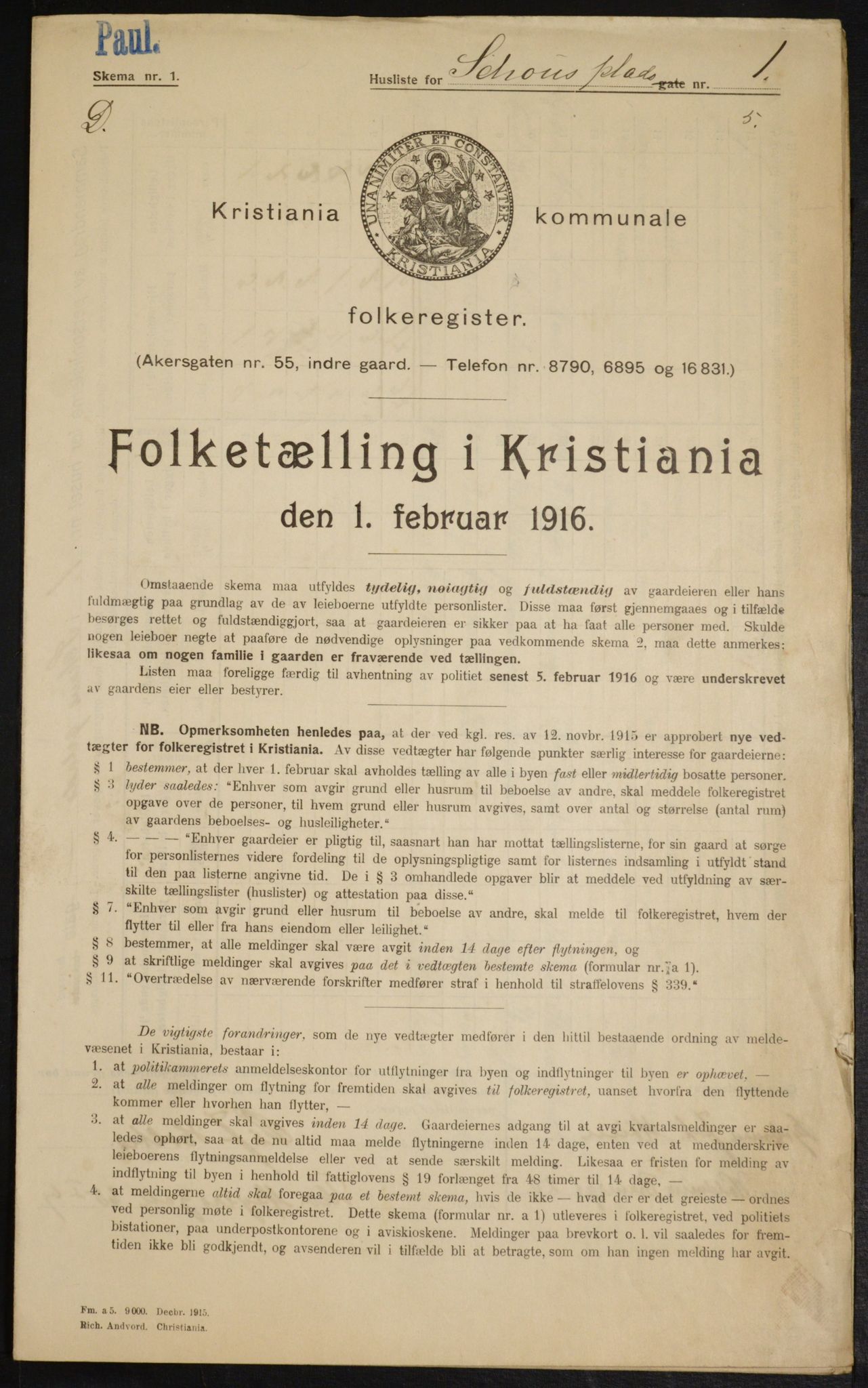 OBA, Municipal Census 1916 for Kristiania, 1916, p. 92443