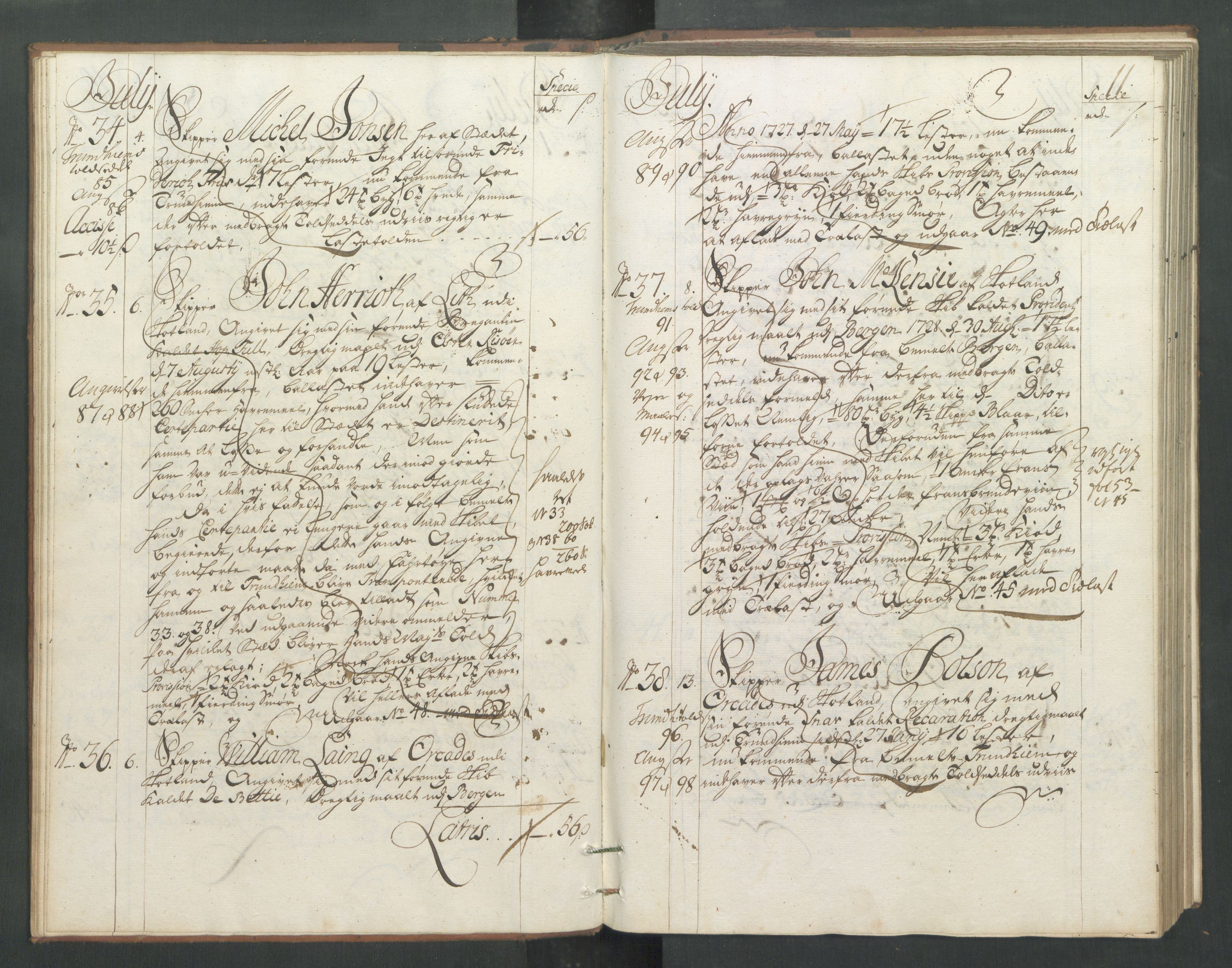Generaltollkammeret, tollregnskaper, RA/EA-5490/R32/L0005/0001: Tollregnskaper Kristiansund / Hovedtollbok, 1733, p. 10b-11a