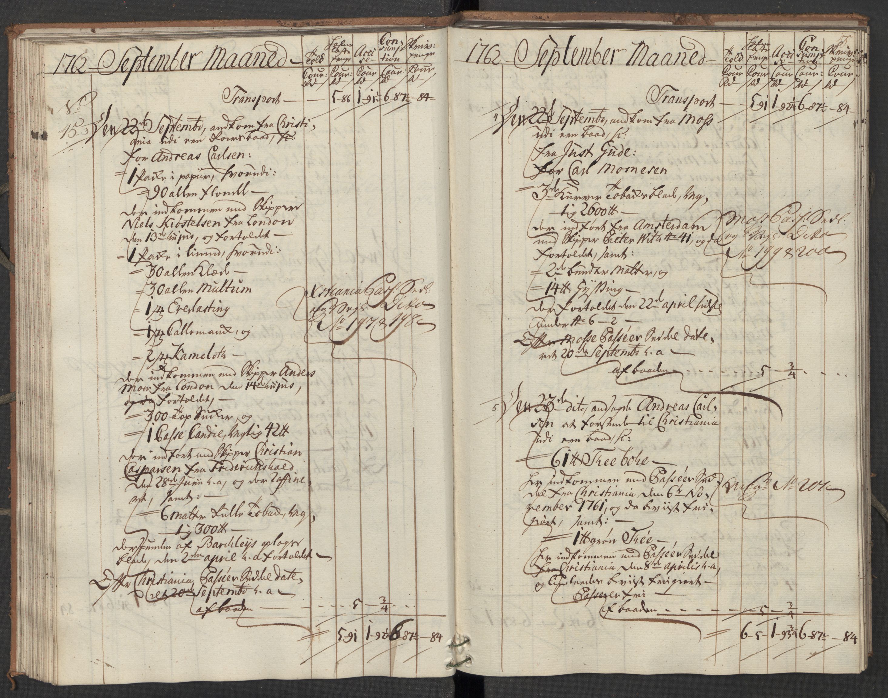 Generaltollkammeret, tollregnskaper, AV/RA-EA-5490/R07/L0022/0001: Tollregnskaper Sand / Inngående hovedtollbok, 1762, p. 54b-55a