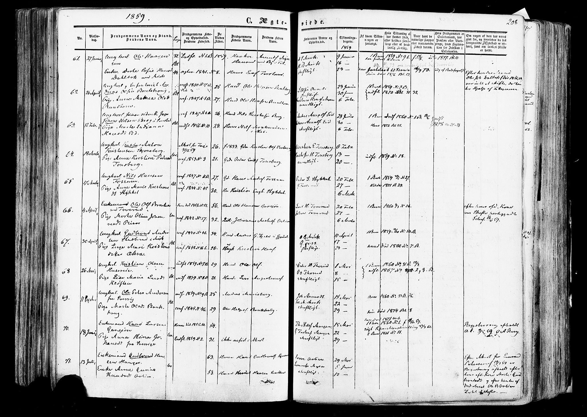 Aurskog prestekontor Kirkebøker, SAO/A-10304a/F/Fa/L0007: Parish register (official) no. I 7, 1854-1877, p. 208