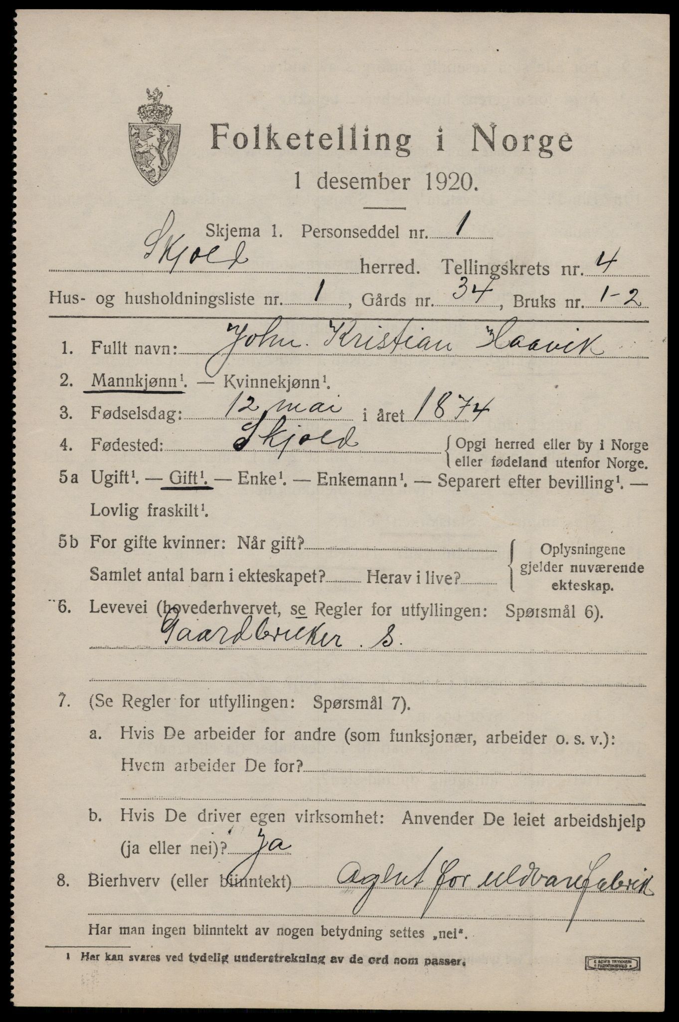 SAST, 1920 census for Skjold, 1920, p. 2346