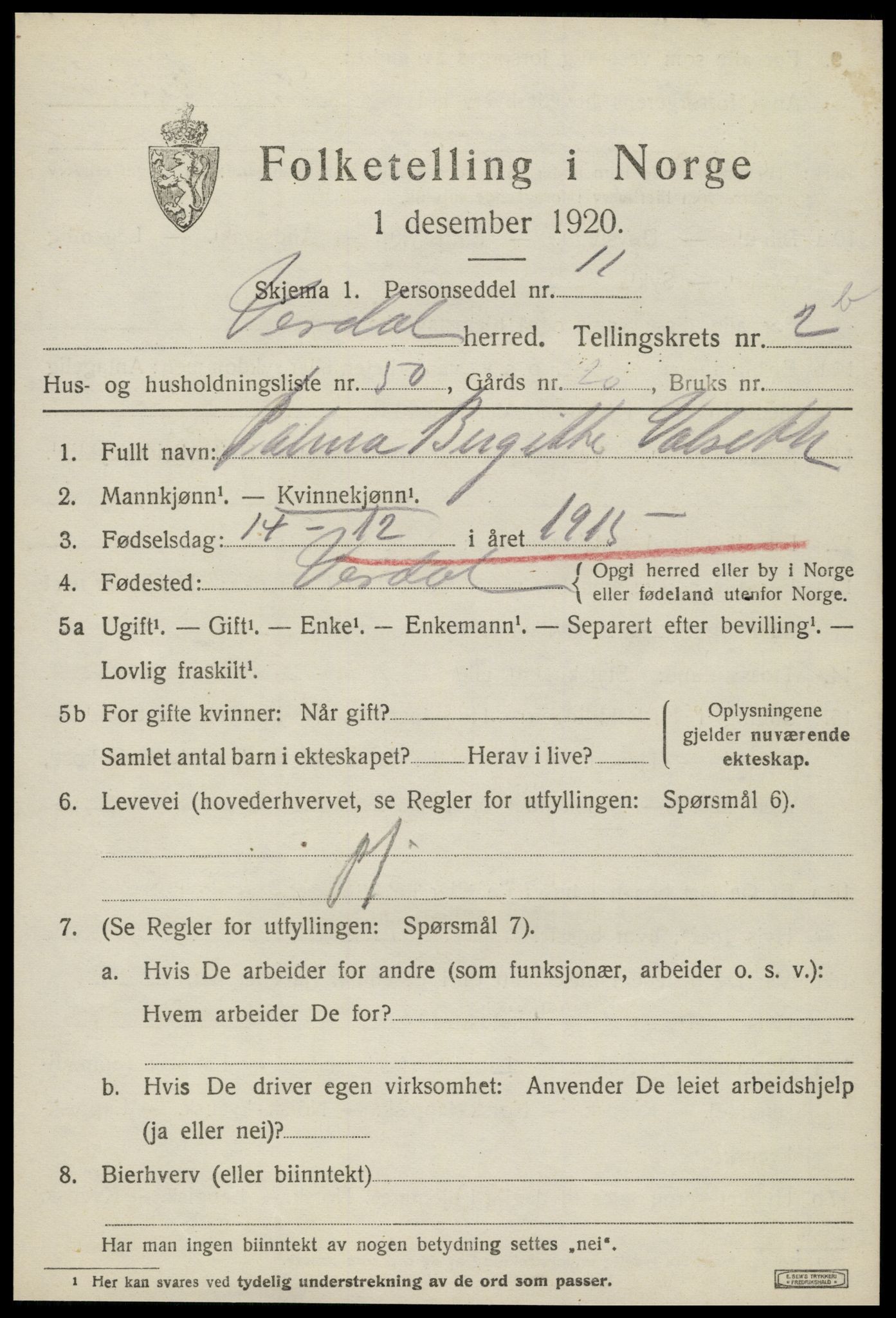 SAT, 1920 census for Verdal, 1920, p. 4711