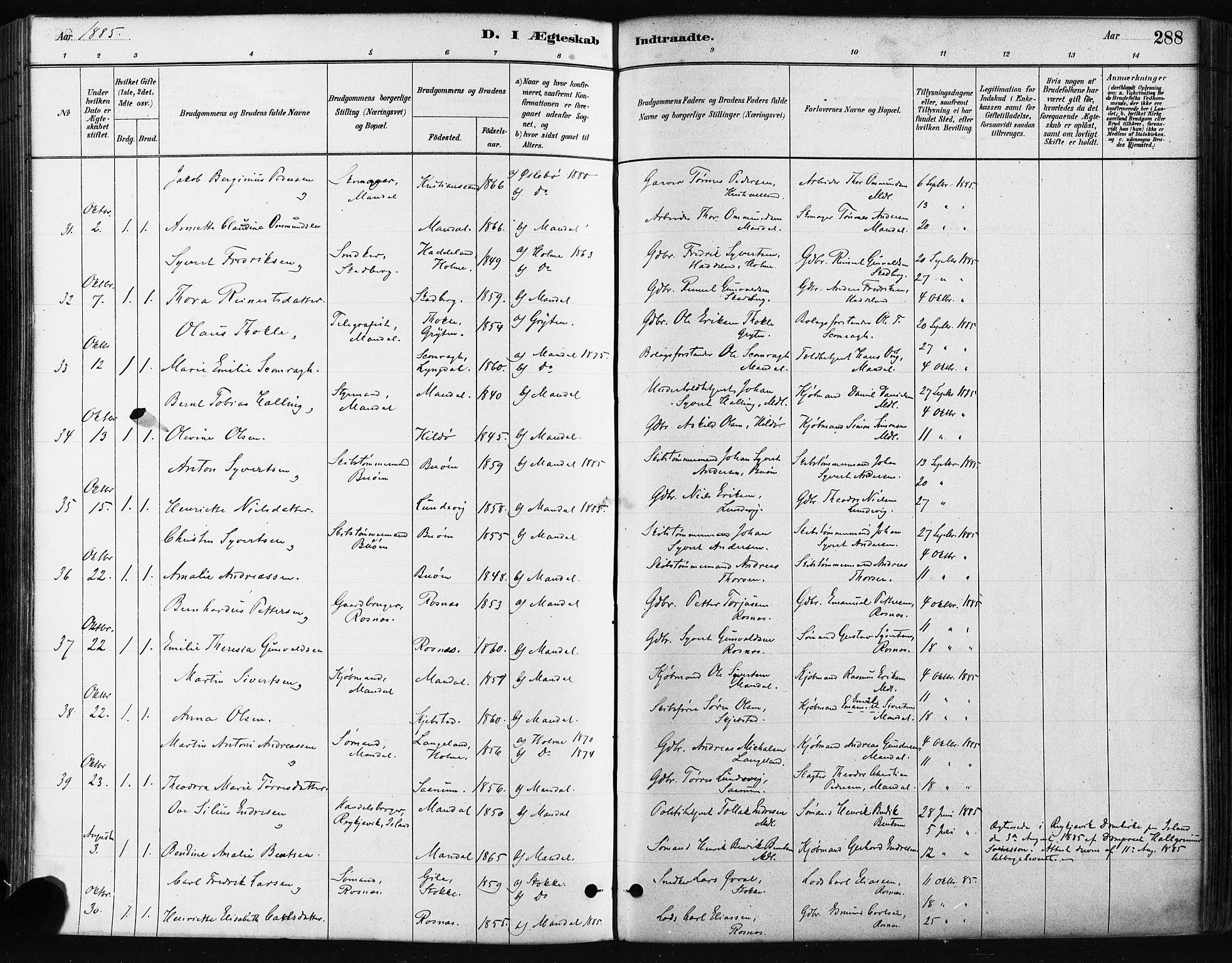 Mandal sokneprestkontor, SAK/1111-0030/F/Fa/Faa/L0016: Parish register (official) no. A 16, 1880-1890, p. 288