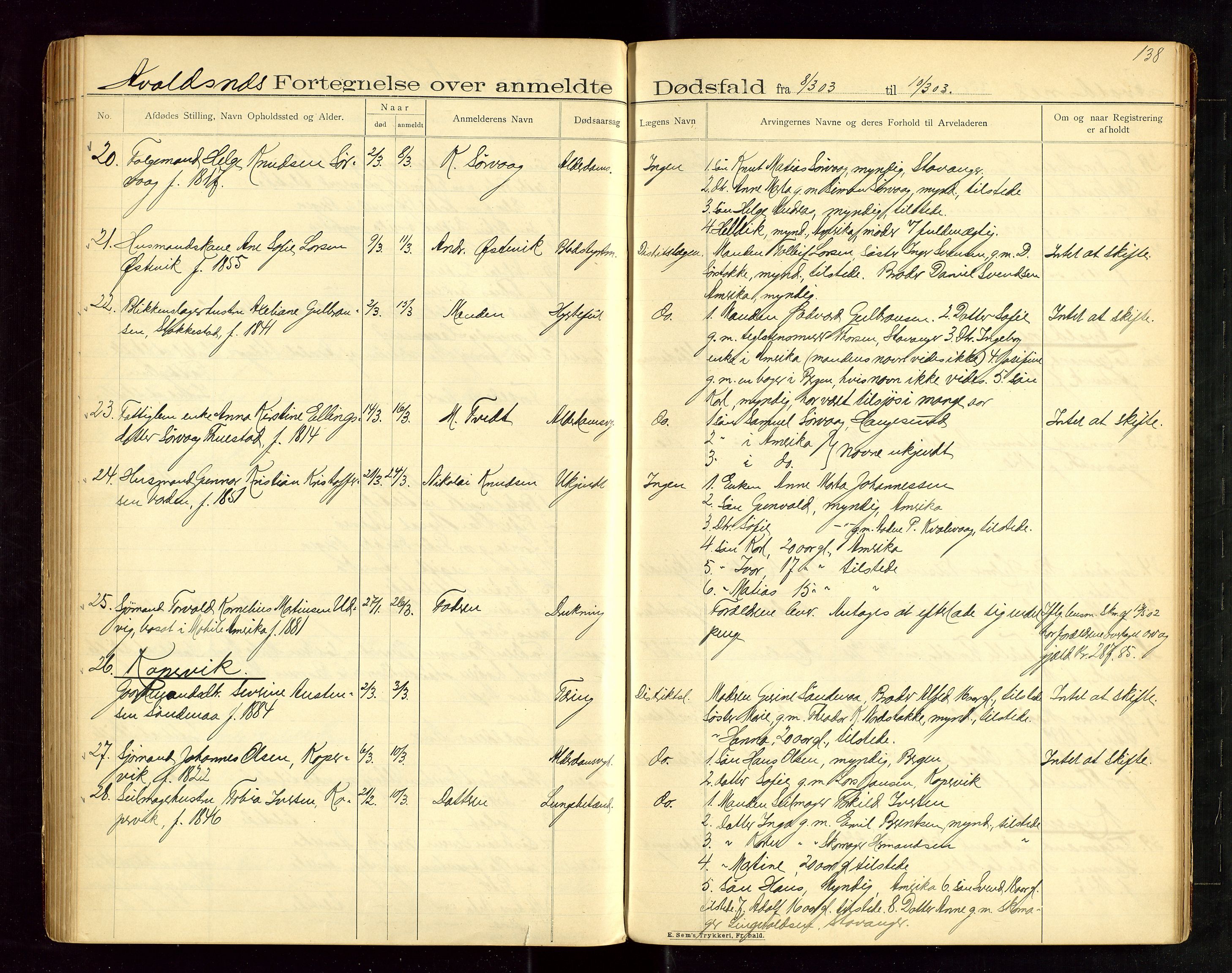 Karmsund sorenskriveri, AV/SAST-A-100311/01/IV/IVAB/L0003: DØDSFALLSPROTOKOLL, 1902-1905, p. 137-138