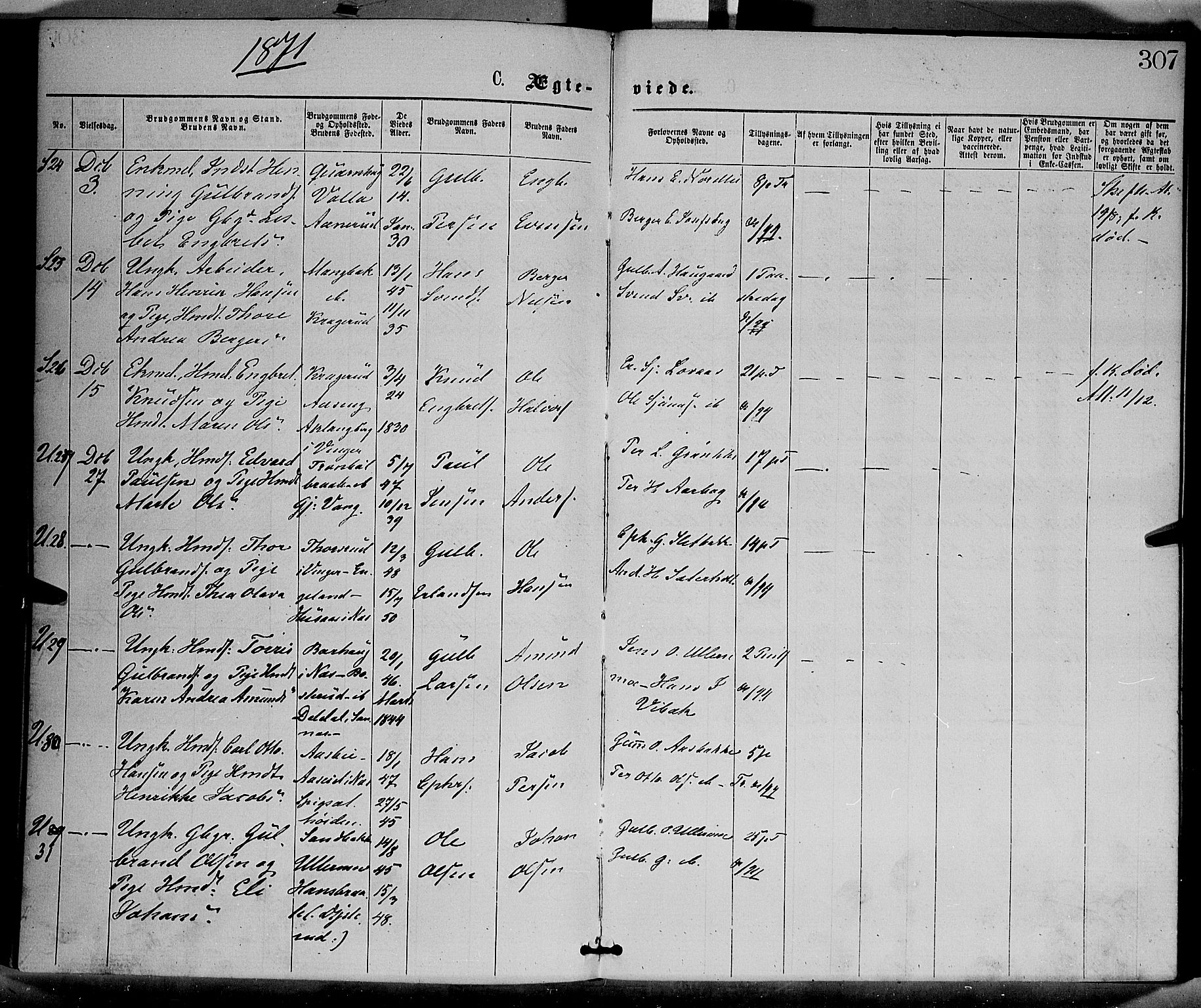 Sør-Odal prestekontor, SAH/PREST-030/H/Ha/Haa/L0004: Parish register (official) no. 4, 1870-1875, p. 307