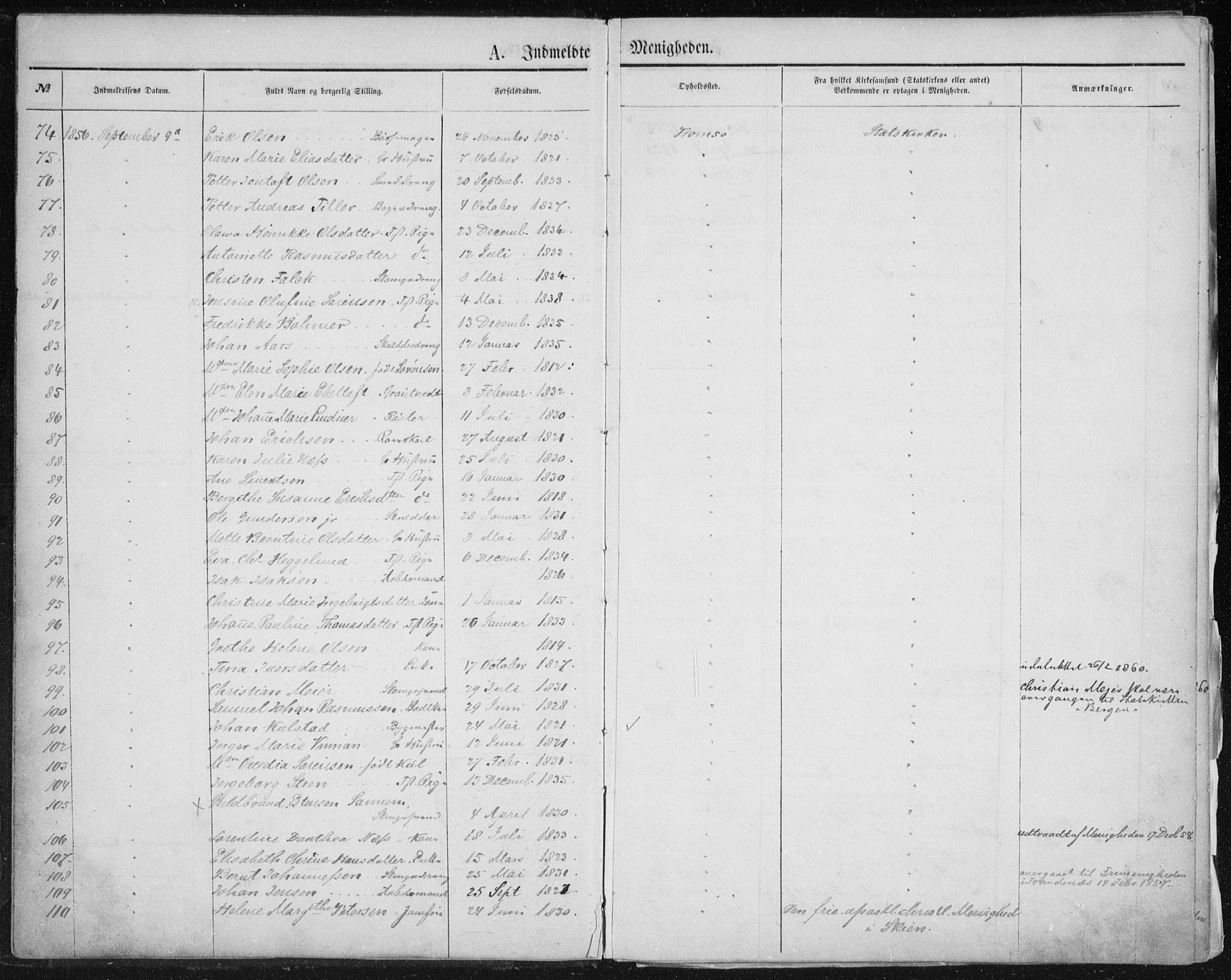 Uten arkivreferanse, SATØ/-: Dissenter register no. DP 1, 1856-1892