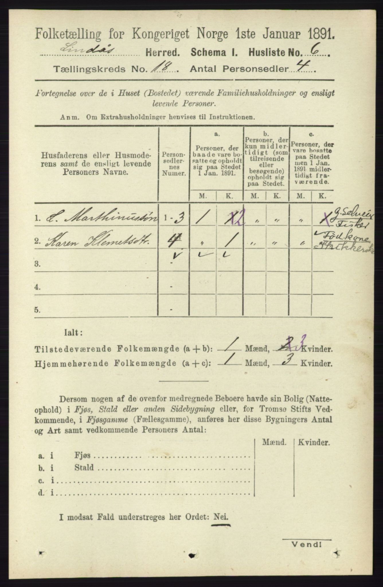 RA, 1891 census for 1263 Lindås, 1891, p. 6469