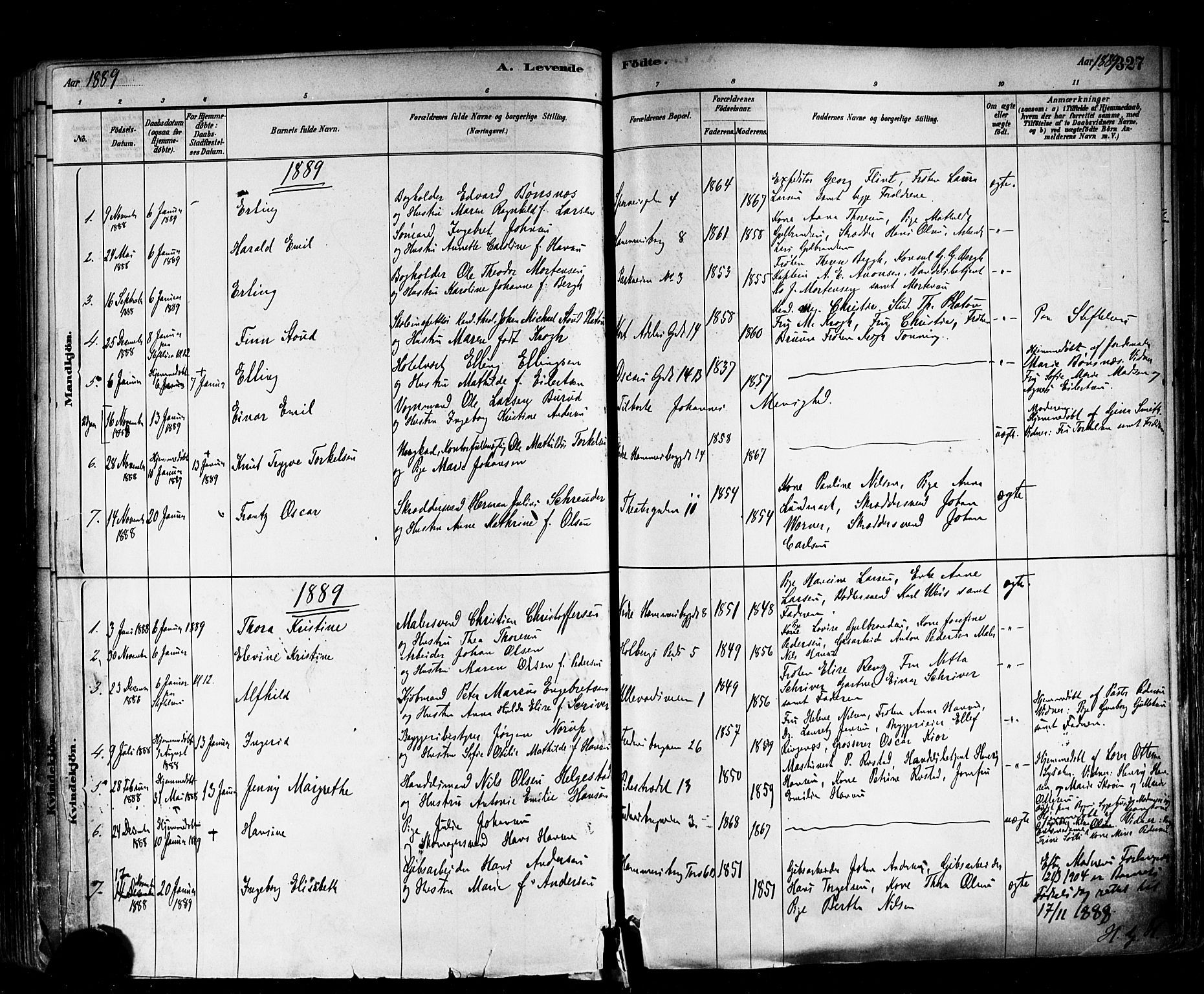 Trefoldighet prestekontor Kirkebøker, AV/SAO-A-10882/F/Fa/L0005: Parish register (official) no. I 5, 1881-1891, p. 327