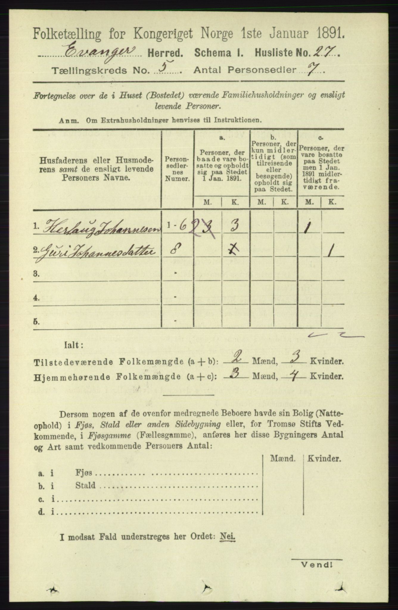 RA, 1891 census for 1237 Evanger, 1891, p. 1385