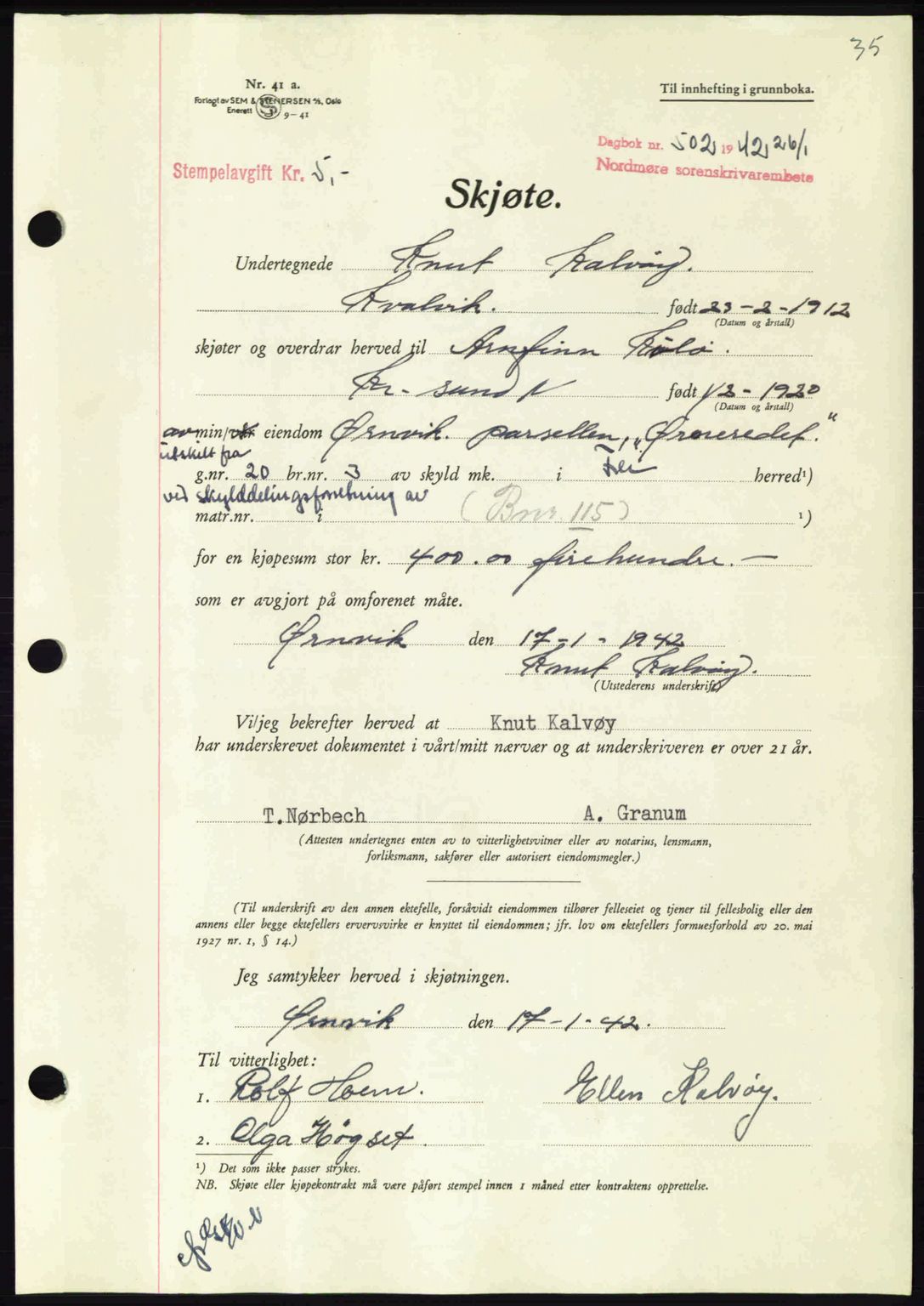 Nordmøre sorenskriveri, AV/SAT-A-4132/1/2/2Ca: Mortgage book no. A92, 1942-1942, Diary no: : 500/1942