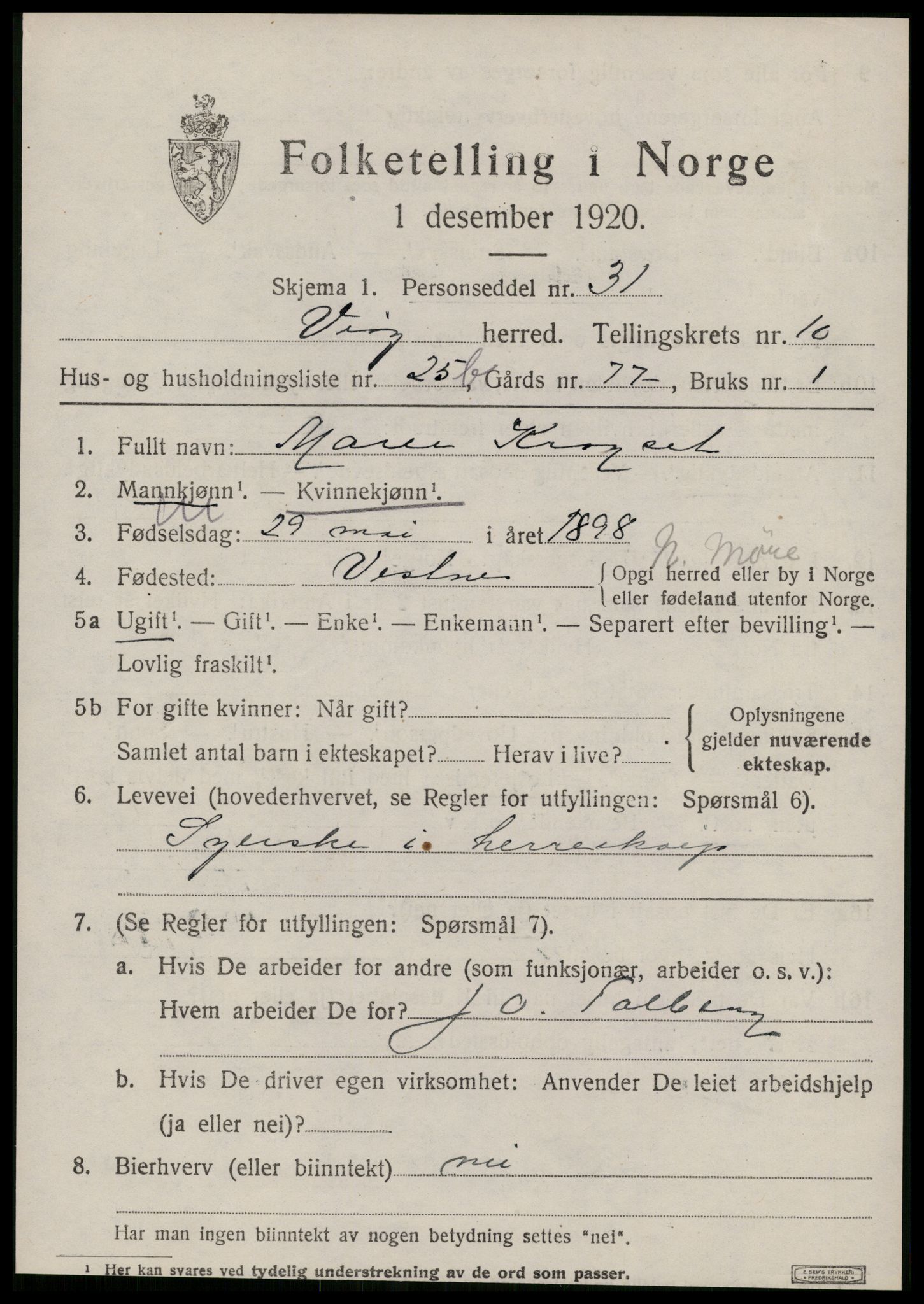 SAT, 1920 census for Veøy, 1920, p. 5117