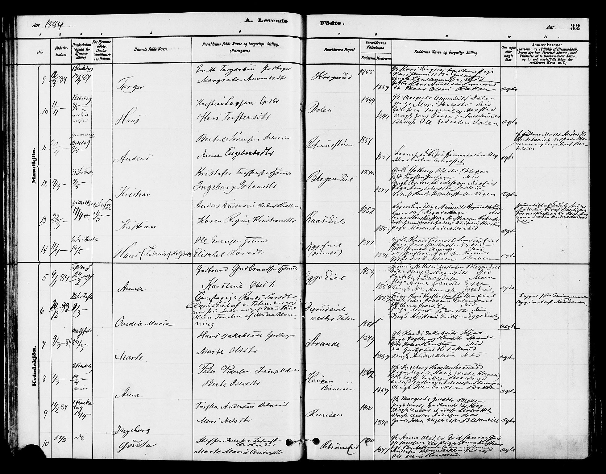 Gran prestekontor, AV/SAH-PREST-112/H/Ha/Haa/L0015: Parish register (official) no. 15, 1880-1888, p. 32