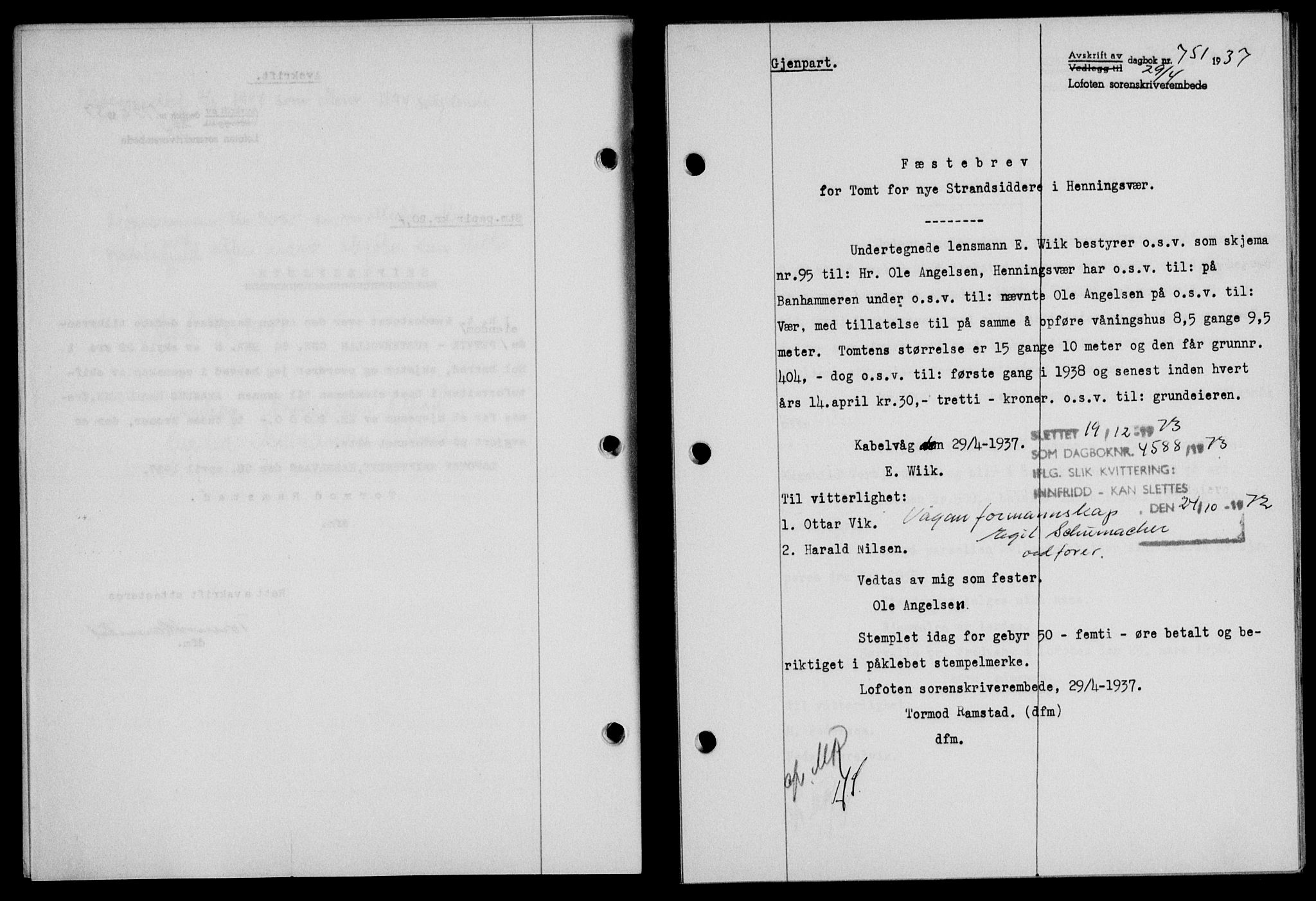 Lofoten sorenskriveri, SAT/A-0017/1/2/2C/L0002a: Mortgage book no. 2a, 1937-1937, Diary no: : 751/1937