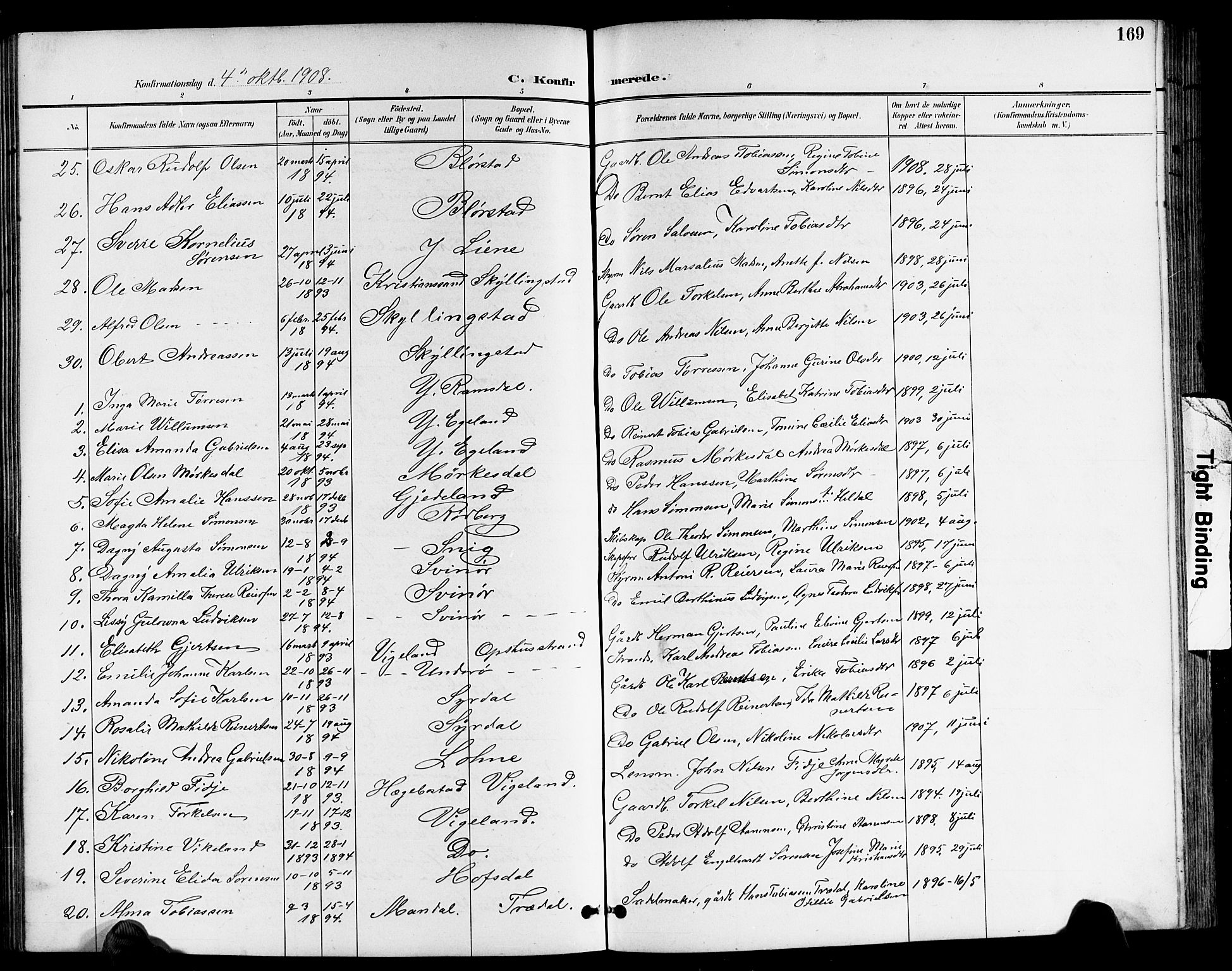 Sør-Audnedal sokneprestkontor, AV/SAK-1111-0039/F/Fb/Fbb/L0006: Parish register (copy) no. B 6, 1893-1915, p. 169