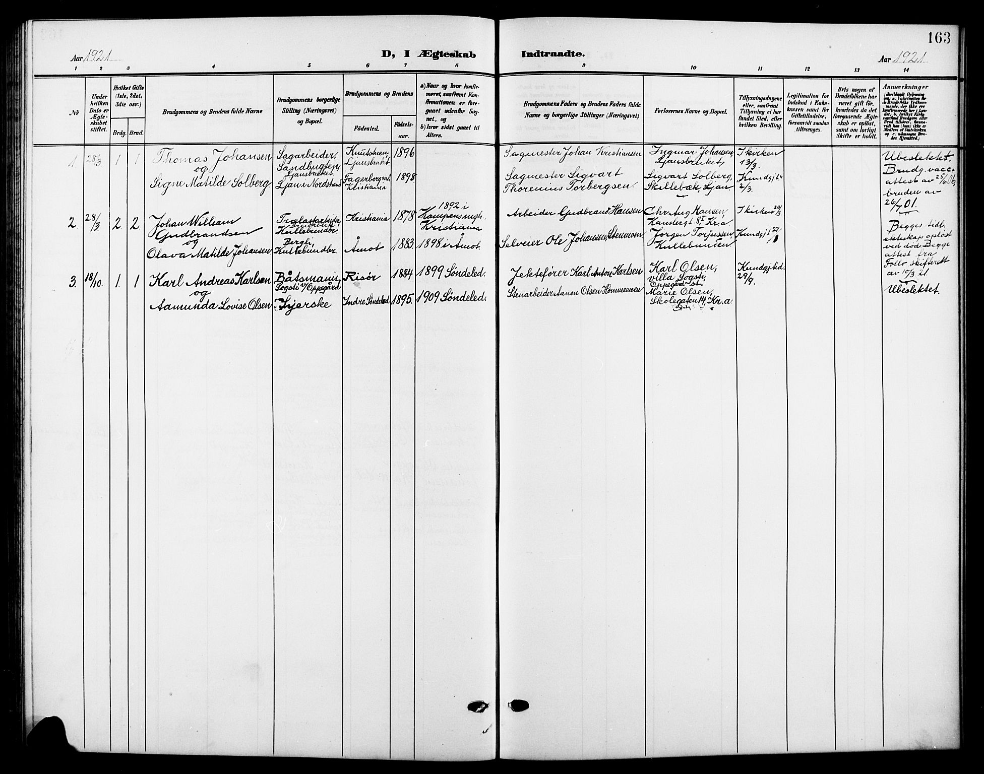 Nesodden prestekontor Kirkebøker, SAO/A-10013/G/Gb/L0001: Parish register (copy) no. II 1, 1905-1924, p. 163