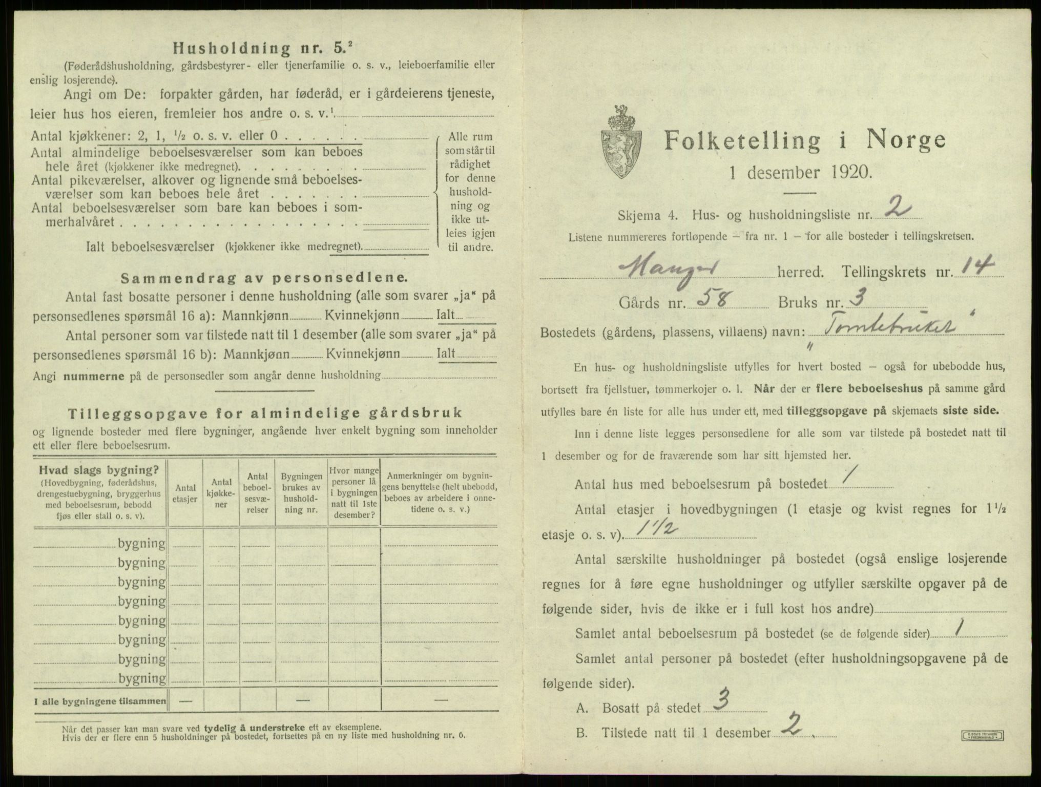 SAB, 1920 census for Manger, 1920, p. 1093