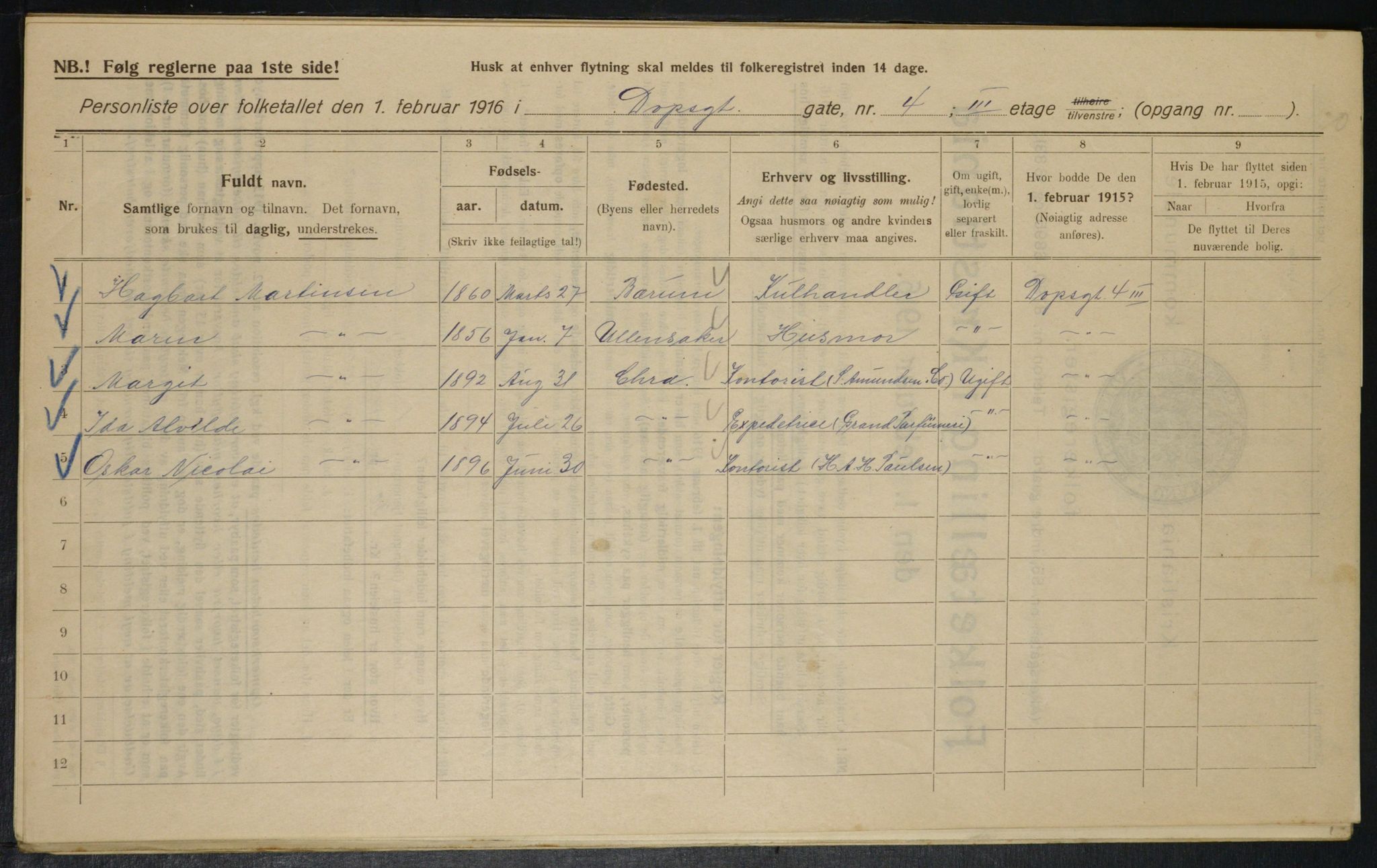 OBA, Municipal Census 1916 for Kristiania, 1916, p. 15937