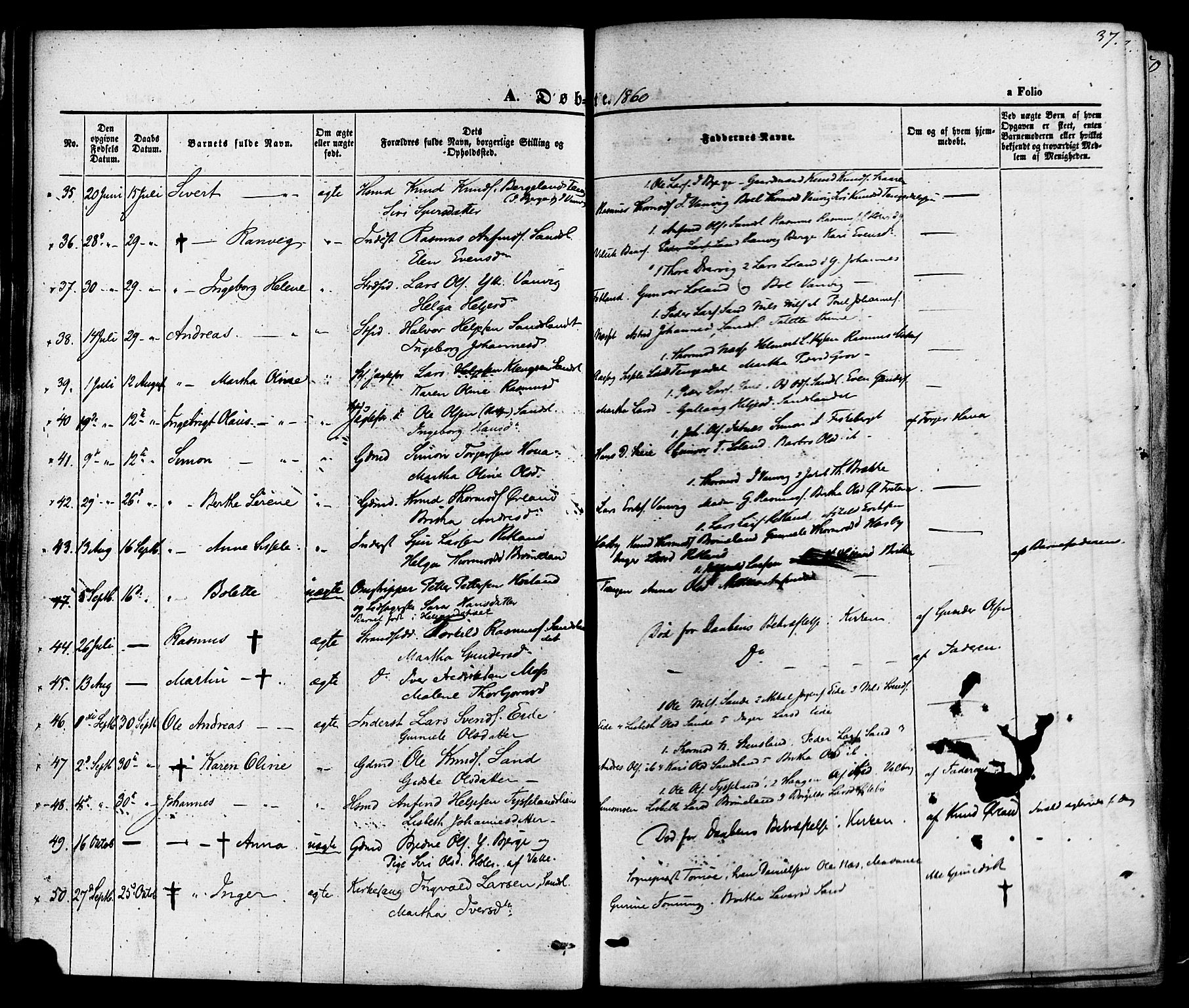 Sand sokneprestkontor, AV/SAST-A-101848/01/III/L0003: Parish register (official) no. A 3, 1854-1879, p. 37