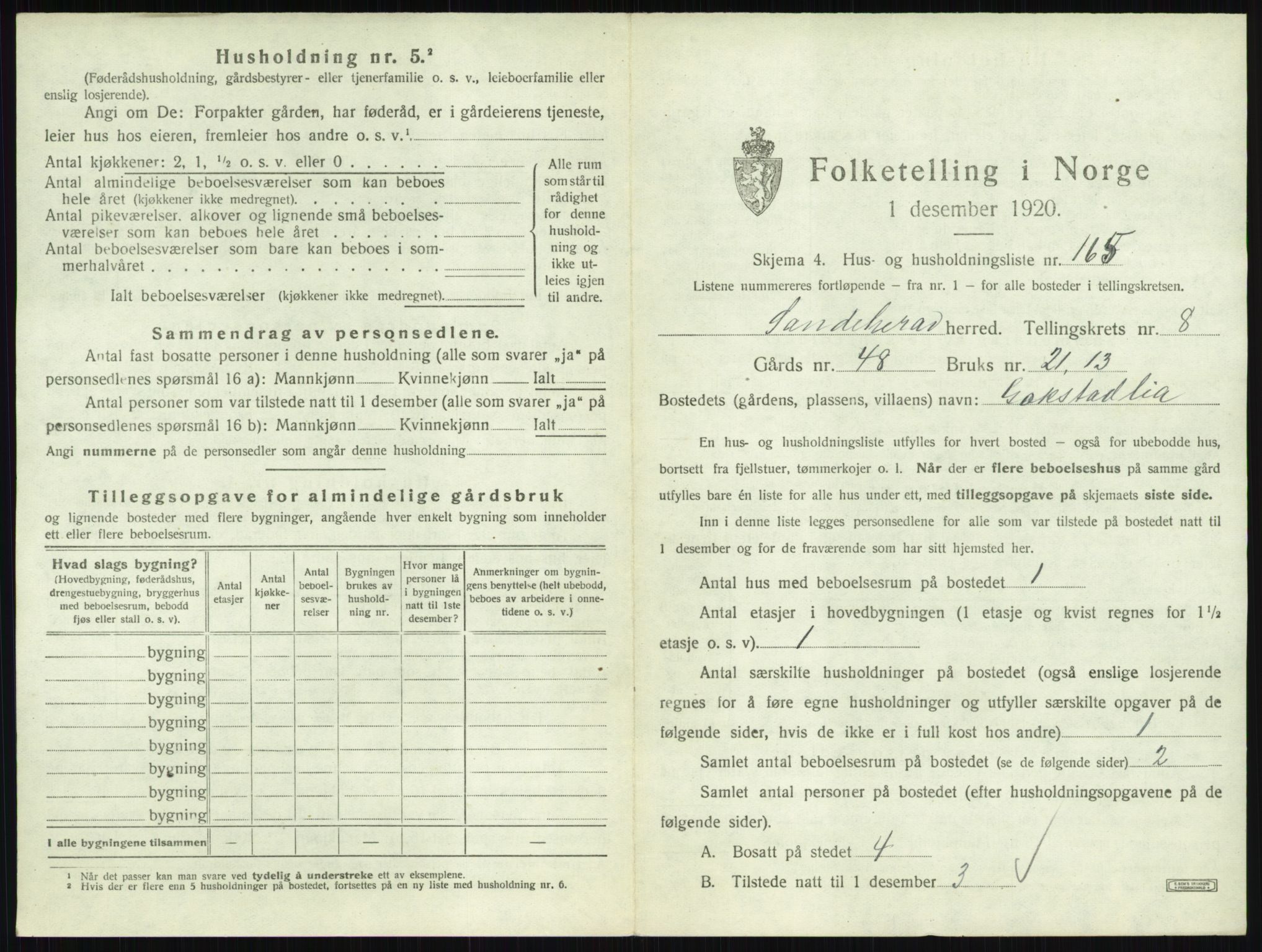 SAKO, 1920 census for Sandeherred, 1920, p. 1922