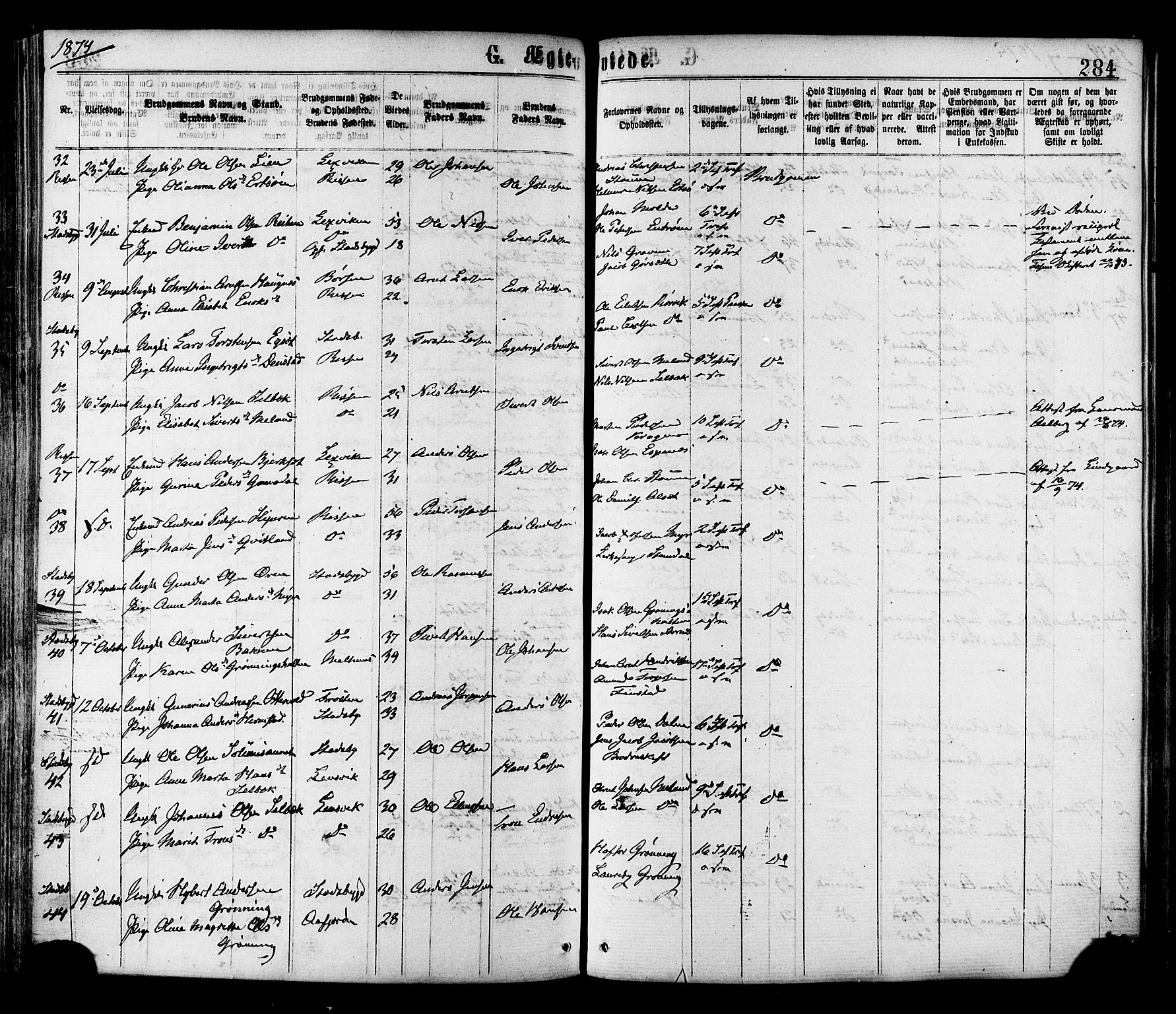 Ministerialprotokoller, klokkerbøker og fødselsregistre - Sør-Trøndelag, SAT/A-1456/646/L0613: Parish register (official) no. 646A11, 1870-1884, p. 284