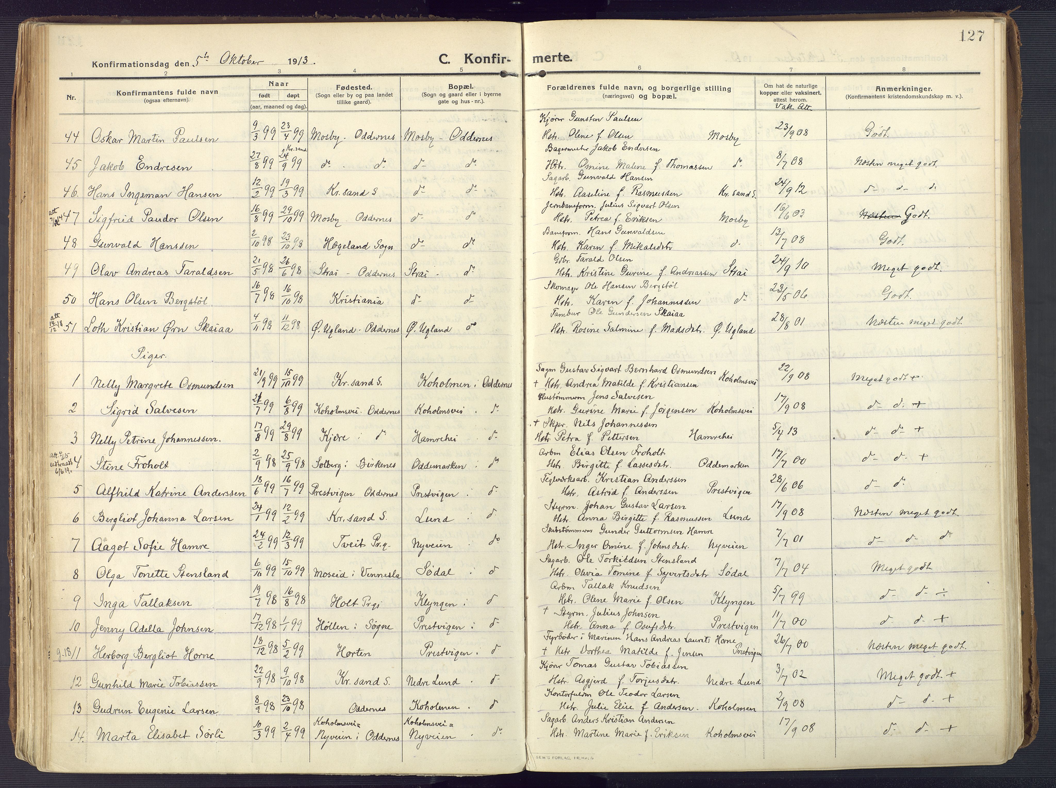 Oddernes sokneprestkontor, AV/SAK-1111-0033/F/Fa/Faa/L0012: Parish register (official) no. A 12, 1912-1925, p. 127