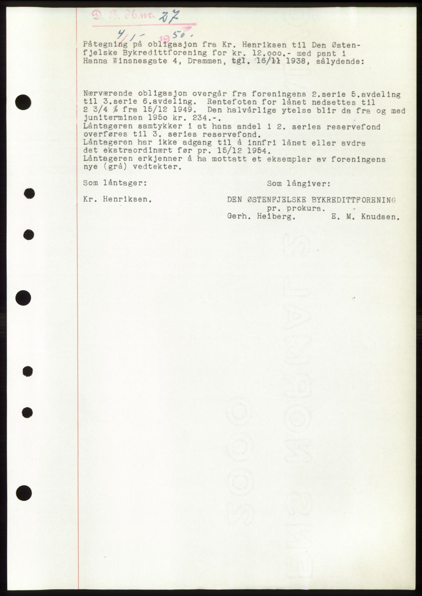 Drammen byfogd, AV/SAKO-A-222/G/Ga/Gad/L0010: Mortgage book no. B10, 1950-1950, Diary no: : 27/1950