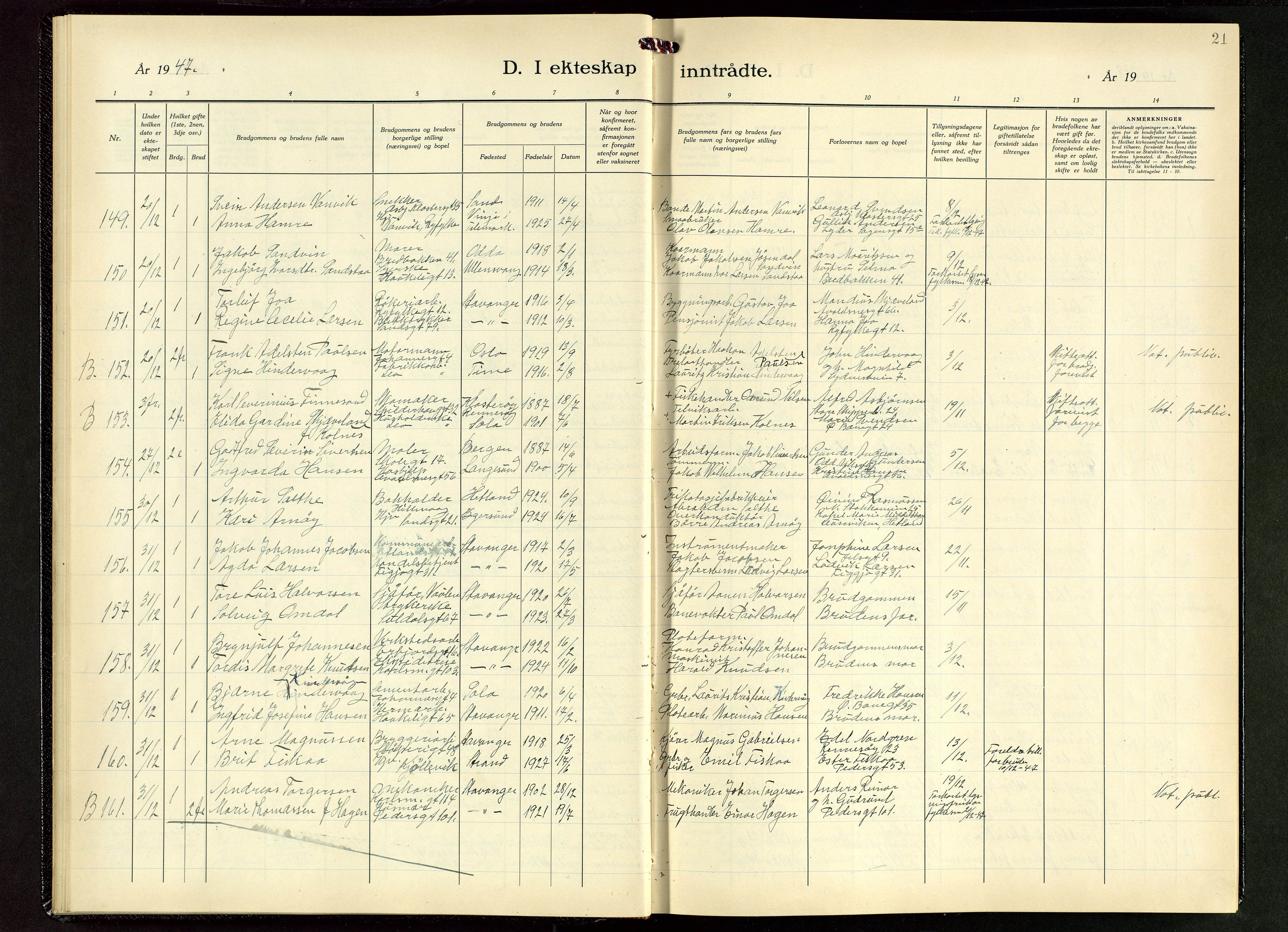 St. Johannes sokneprestkontor, SAST/A-101814/001/30/30BB/L0011: Parish register (copy) no. B 11, 1946-1950, p. 21