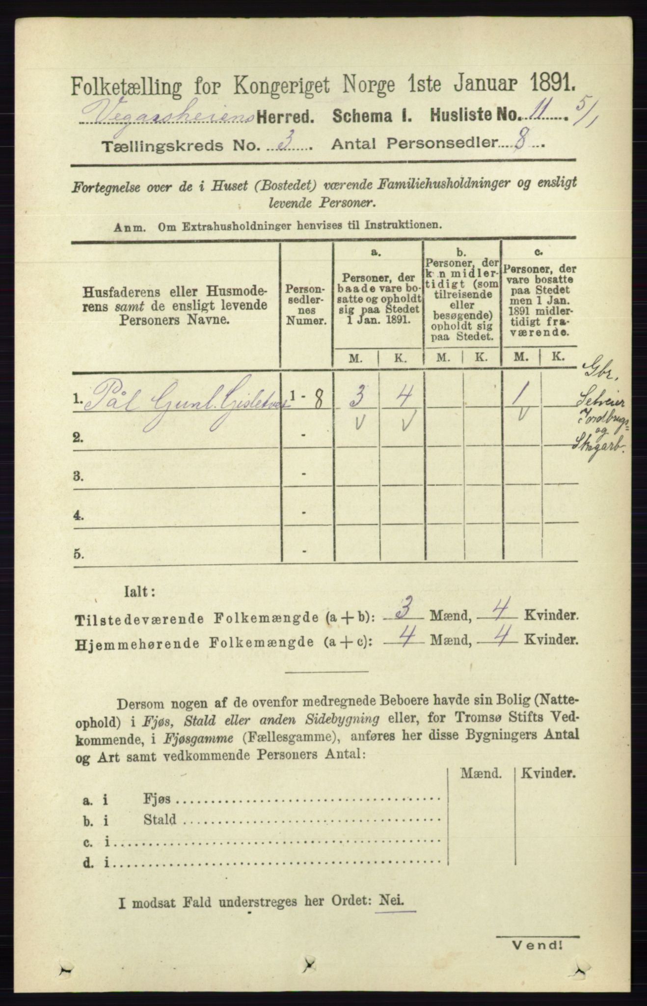 RA, 1891 census for 0912 Vegårshei, 1891, p. 613