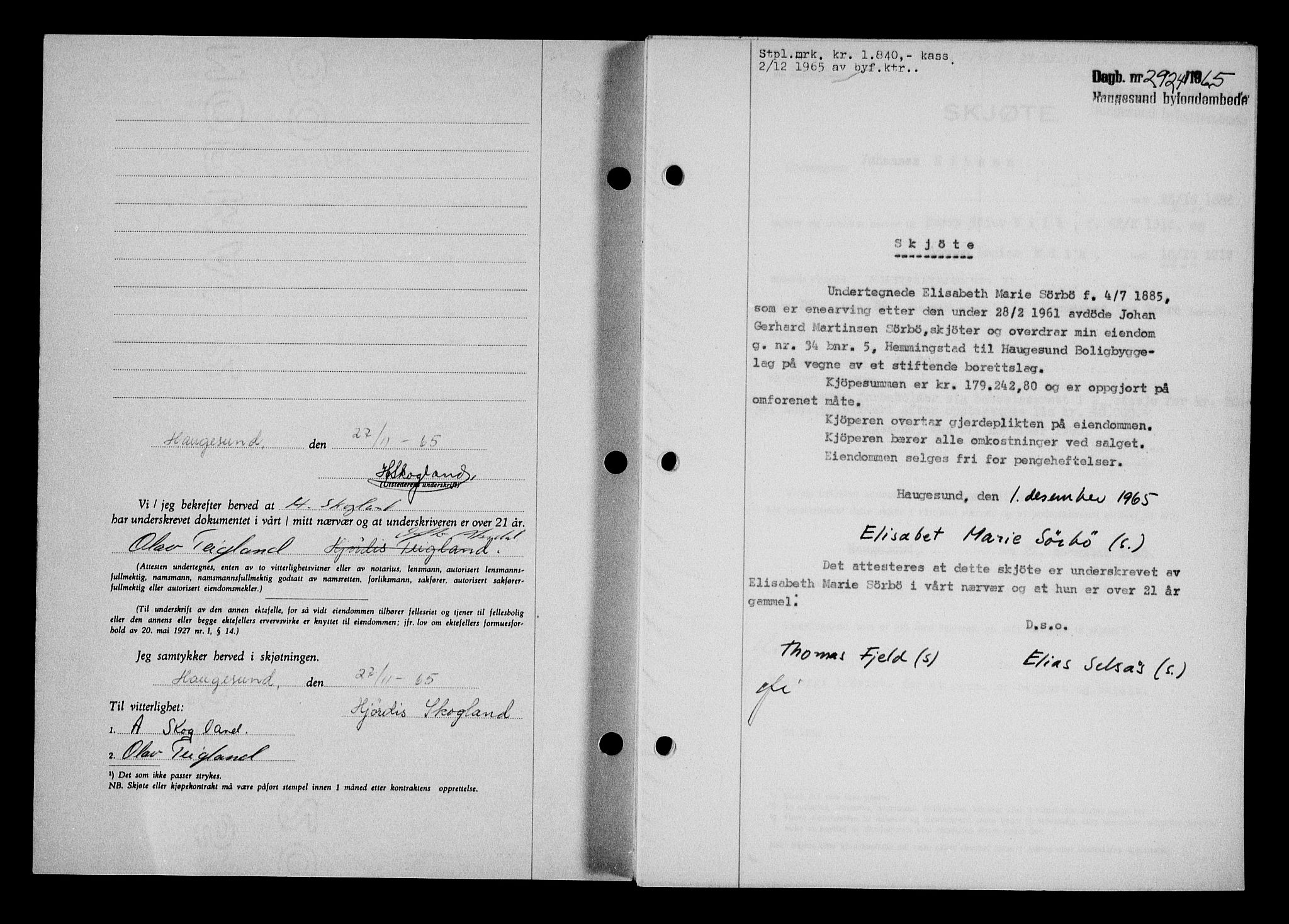 Haugesund tingrett, AV/SAST-A-101415/01/II/IIC/L0076: Mortgage book no. A 17, 1965-1966, Diary no: : 2924/1965